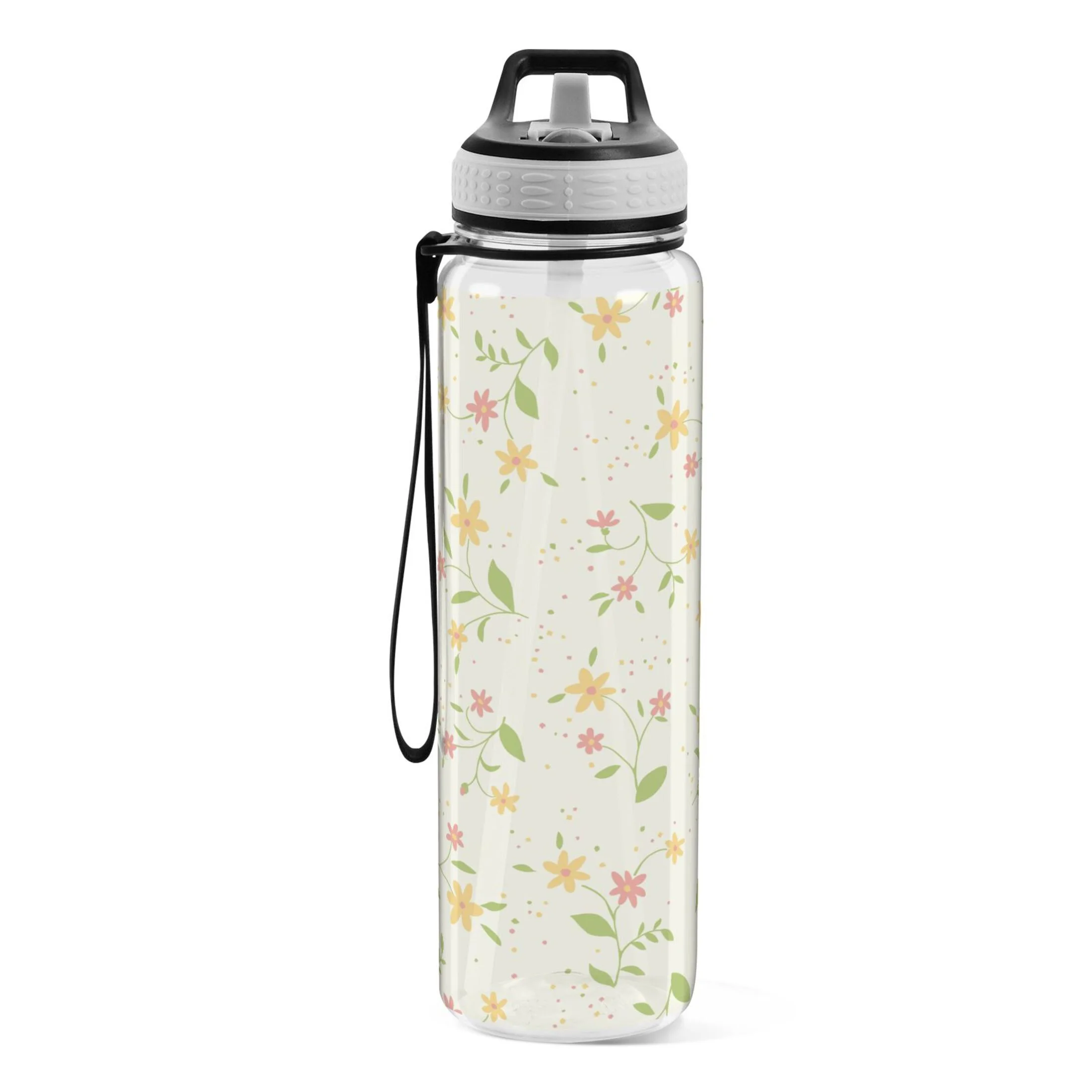 Floral in Yellow 32oz Water Bottles with Straw Tritan Leakproof Sports Bottle BPA Free Clear for Fitness Gym Swimming Cycling