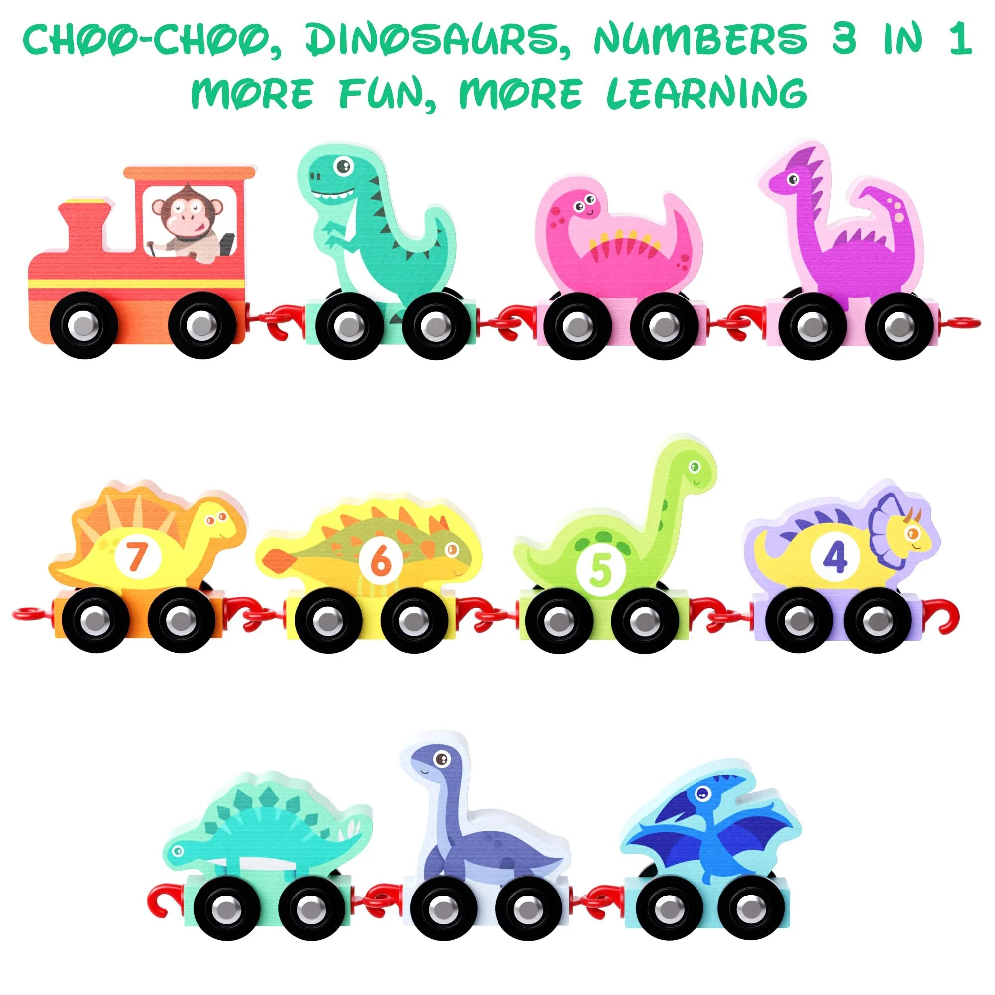 Freecat Wooden Dinosaur Train Car With Numbers for 1 2 3 Year Olds, 11 Pieces Train Cars with Animals Numbers, Educational Montessori Toys Gift for Toddlers Age 2-4