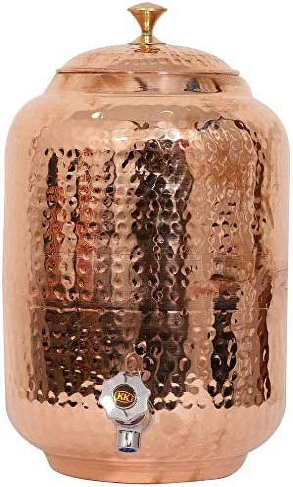 Handicraft Handloom Indian Handmade Hand Hammered Pure Copper Water Dispenser Pot 4 Liter Ayurveda Healing Water Storage Tank Copper Bottle Mug Pitcher With 2 Hammered Glasses