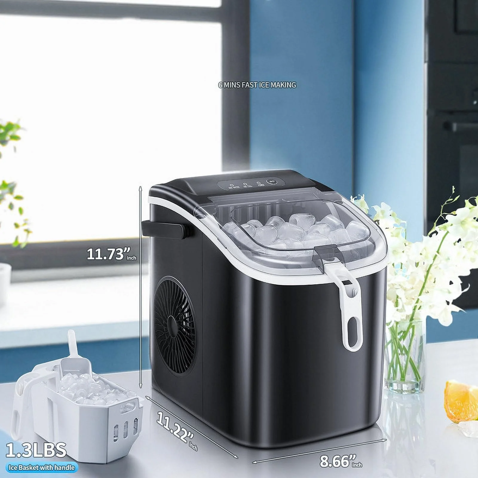 YUKOOL Countertop Ice Maker with Handle Portable Ice Maker, 26lbs/24 Hours, 6 Minutes/9 Ice Cubes, S/L Bullet Ice, Self Cleaning, Suitable for Home, Kitchen, Office, Leisure Area(Black)