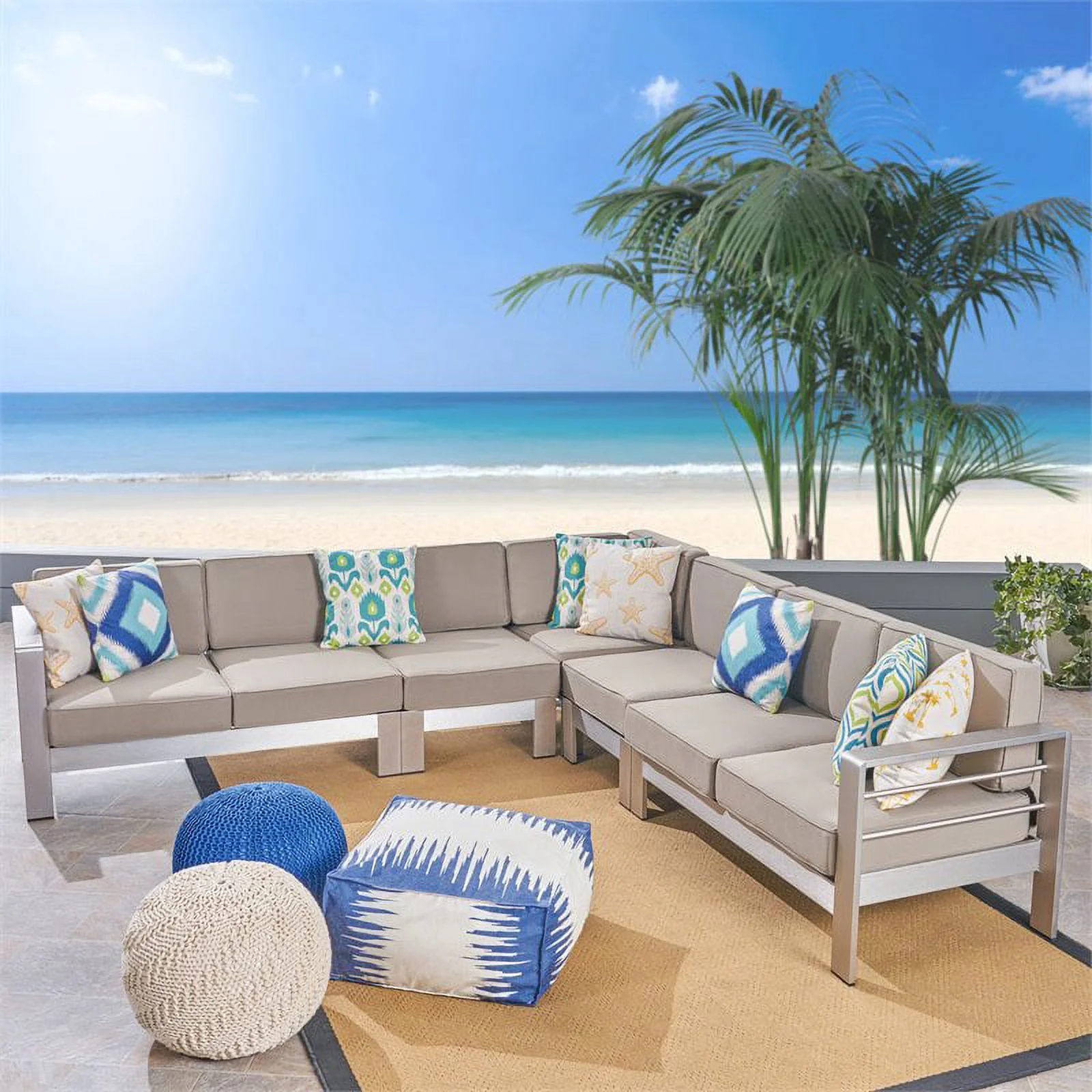 Afuera Living Outdoor 7-Seater Aluminum Sectional Sofa Set Silver/Khaki