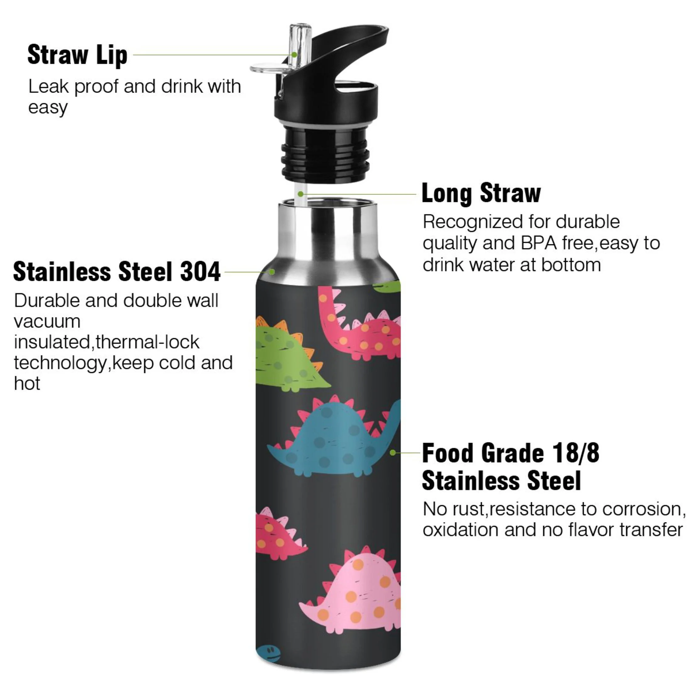 Water Bottle with Straw Lid Leak Rainbow Dinosaur Stainless Steel Insulated Thermos Vacuum Flask for Cold Hot Drinking for Sports Camping Gym Yoga