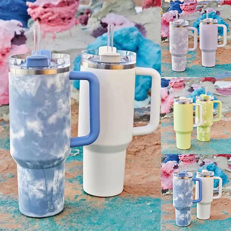 Stainless Steel Tie Dye Thermal Water Bottle Coffee Straw Cup 40 Oz Tumbler with Handle Drinkware Travel Car Mug Thermos Purple 1200ml