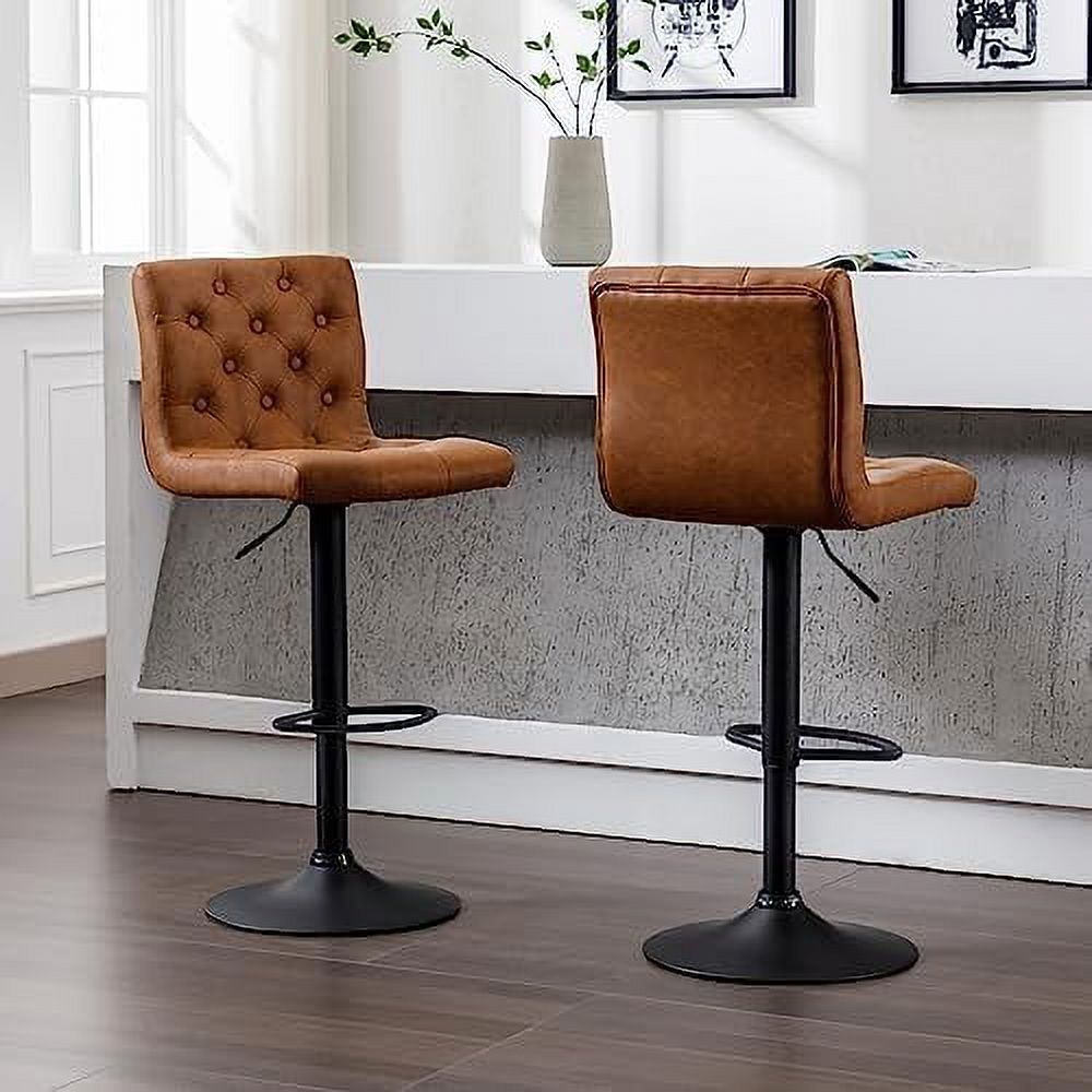 TJUNBOLIFE Set of 4 Adjustable Swivel Counter Height  Stools with Button Tufted Back  Faux Leather Upholstered Mid-Century Modern Island Chairs with Footrest  for Kitchen/Pub/Home   Black