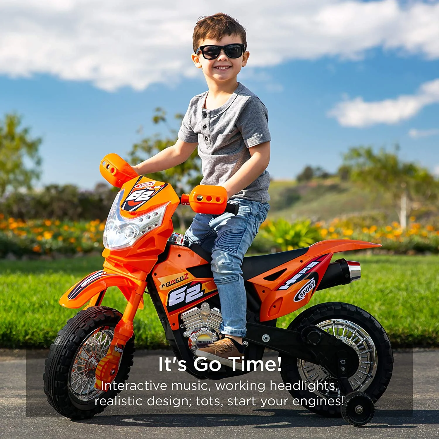 Kids 6V Ride On Motorcycle w/ Treaded Tires, Working Headlights, 2mph Top Speed, Training Wheels, Realistic Sounds, Music, Battery Charger - Orange