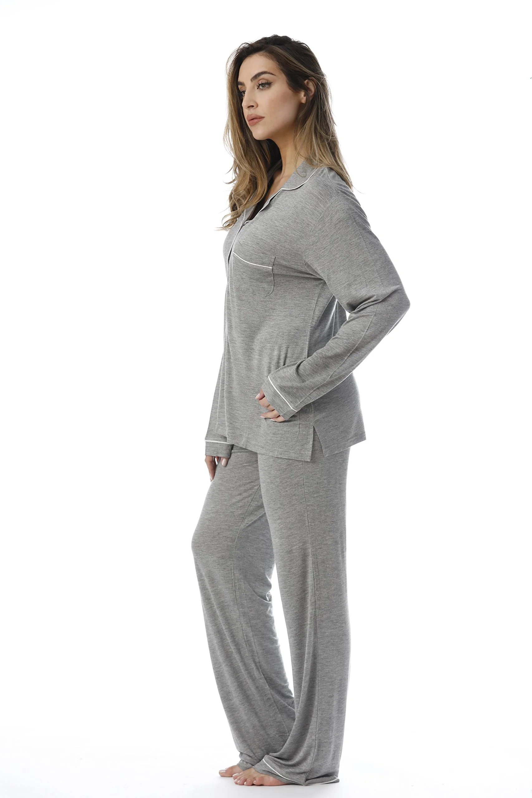 #FollowMe Button Down Pajama Pant Set with Notch Collar (Grey / Cream Rayon Spandex, X-Large)