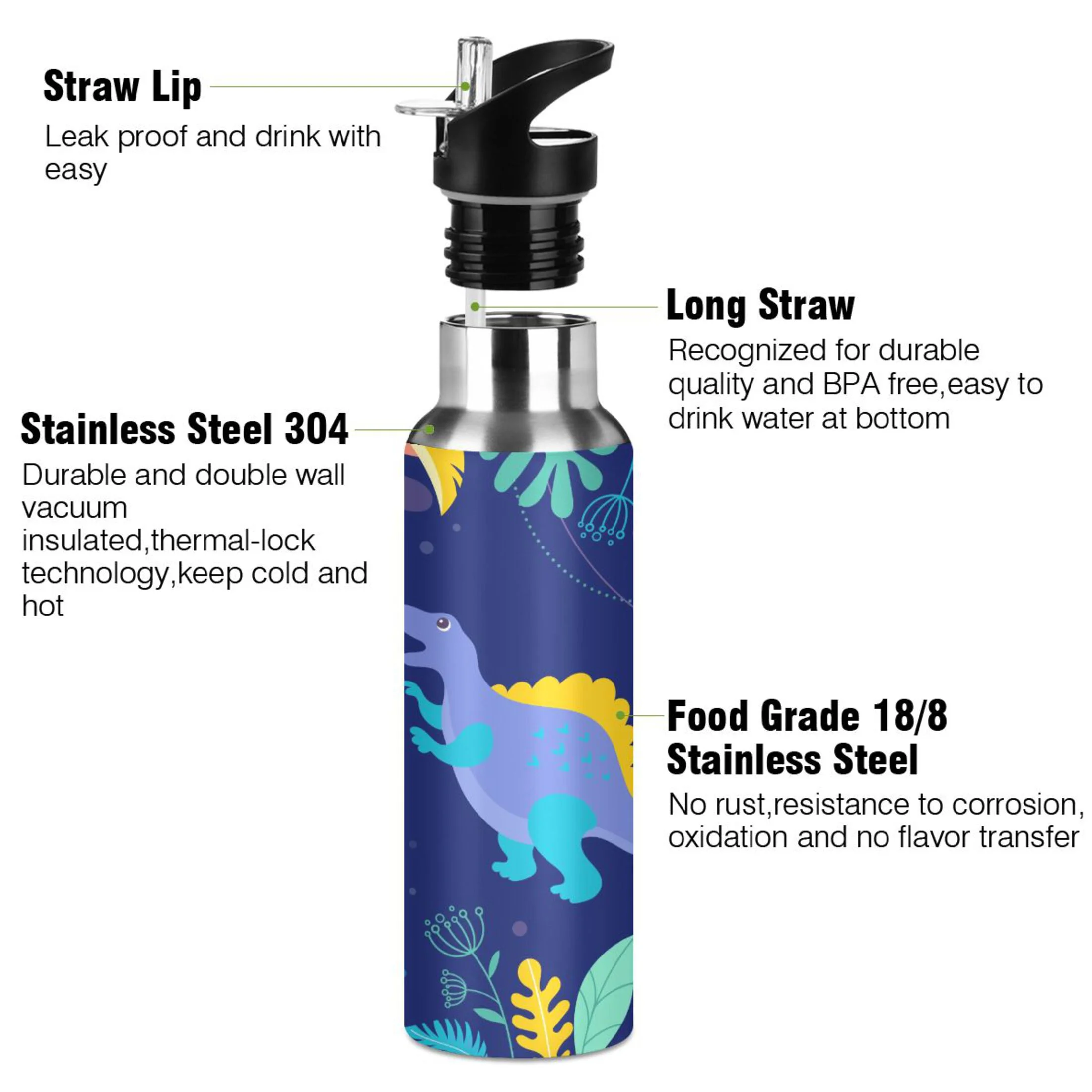 Water Bottle with Straw Lid Leak Cute Dinosaurs with Flowers Leaves Stainless Steel Insulated Thermos Vacuum Flask for Cold Hot Drinking for Sports Camping Gym Yoga