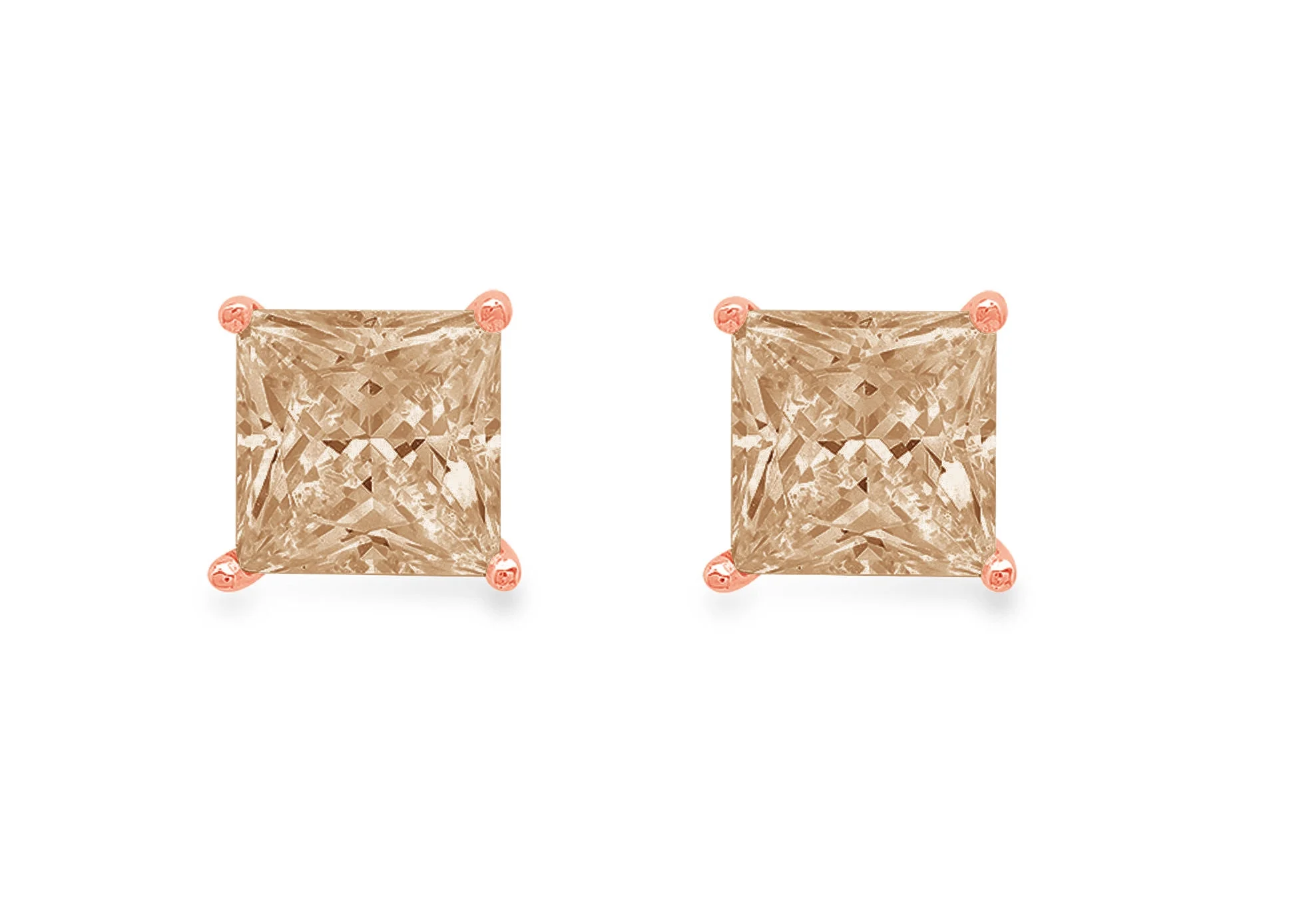 Clara Pucci 1.0 ct Brilliant Princess Cut Solitaire Studs VVS1 Genuine Conflict free Brown Champagne Simulated Diamond Real Stamped Solid 18K Pink Rose Gold Earrings Push back