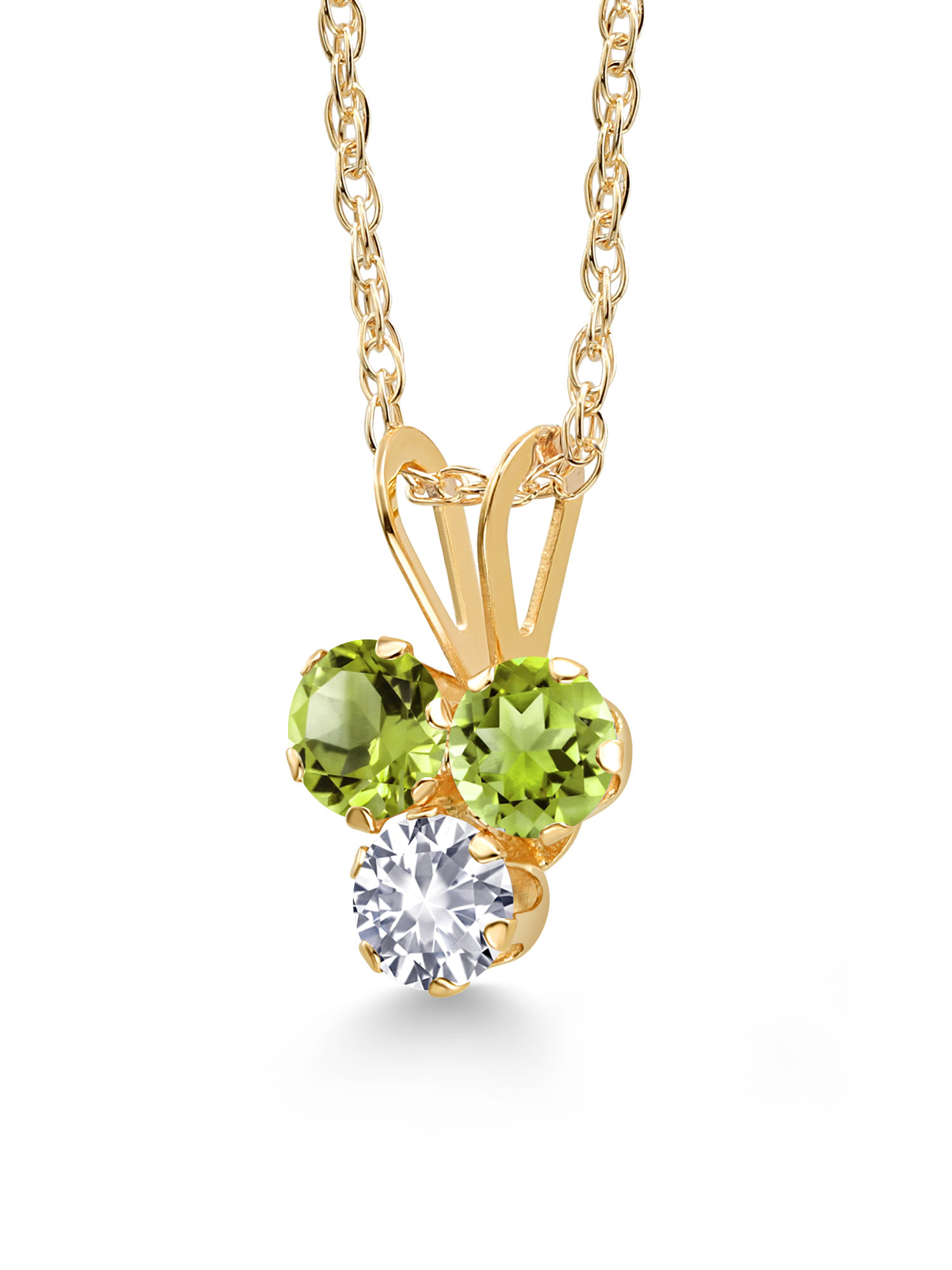 Gem Stone King 14K Yellow Gold Green Peridot and White Created Sapphire 3-Stone Pendant Necklace For Women (0.37 Cttw, Gemstone August Birthstone, Round 3MM, 18 inch Chain)
