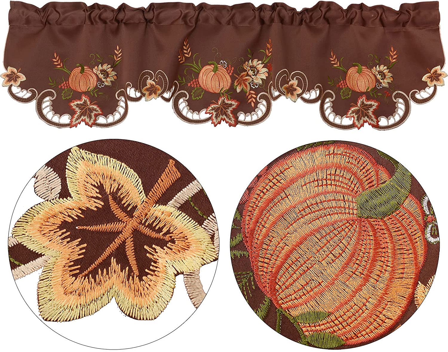 Simhomsen Embroidered Fall Autumn Curtain Valance W 57 × L 14 Inches for Thanksgiving Kitchen Window Decorations (Brown)