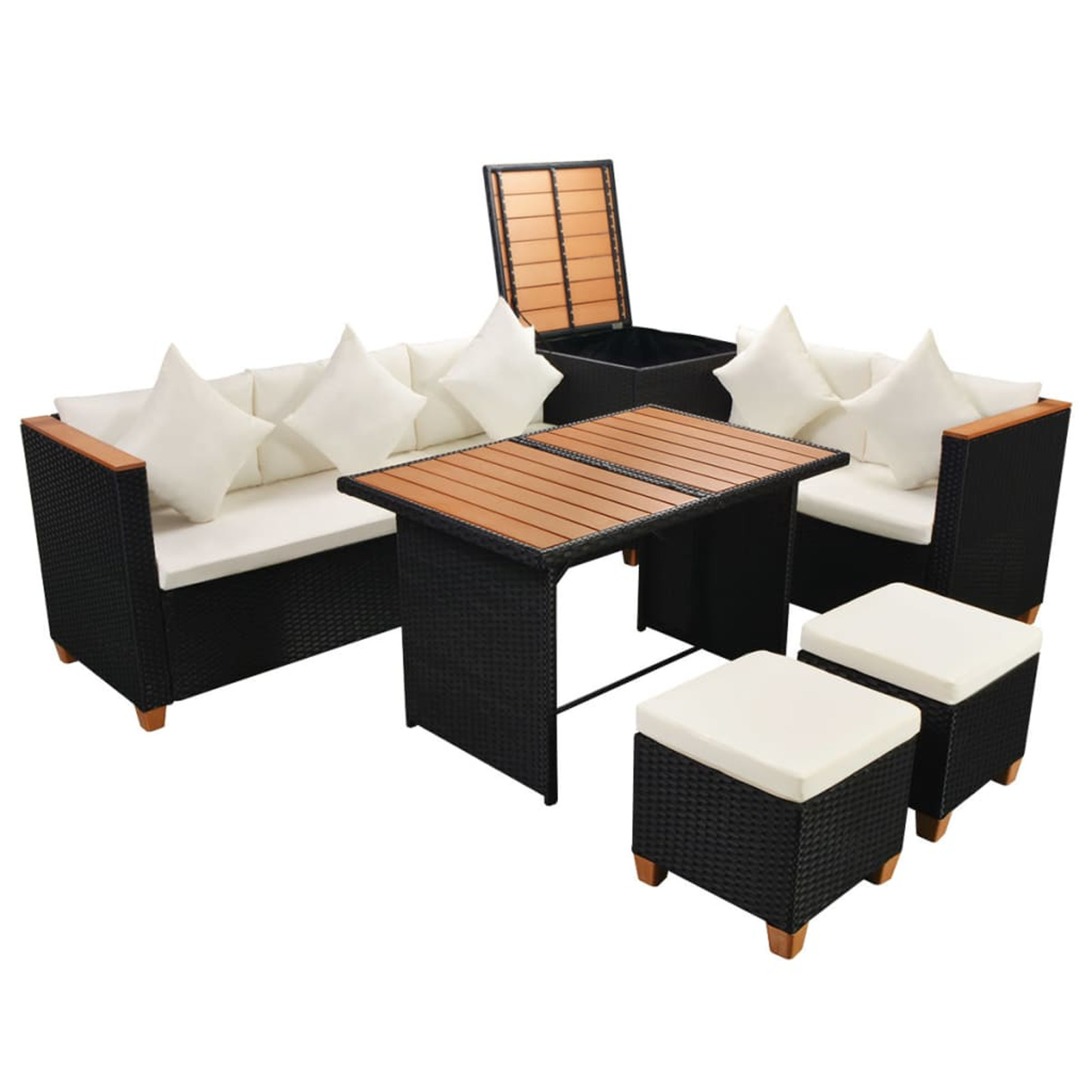 Dcenta 7 Piece Garden Conversation Set White Cushioned 2 Sofas with Single Sofa, Table, Storage Box, Ottoman Black Poly Rattan Sectional Outdoor Furniture Set for Patio, Backyard, Patio, Balcony