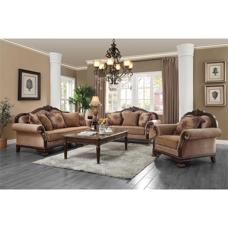 ACME Chateau De Ville Sofa with 5 Pillows in Brown and Espresso
