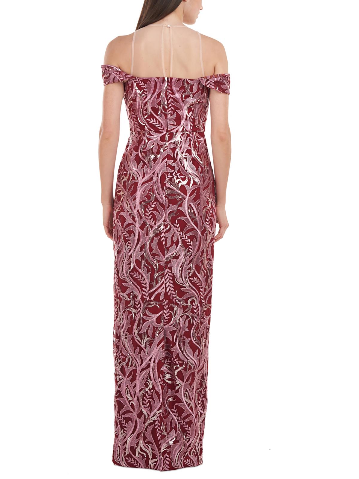 JS COLLECTIONS Womens Burgundy Sequined Zippered Slit Lined Fitted Floral Short Sleeve Illusion Neckline Full-Length Formal Gown Dress 14