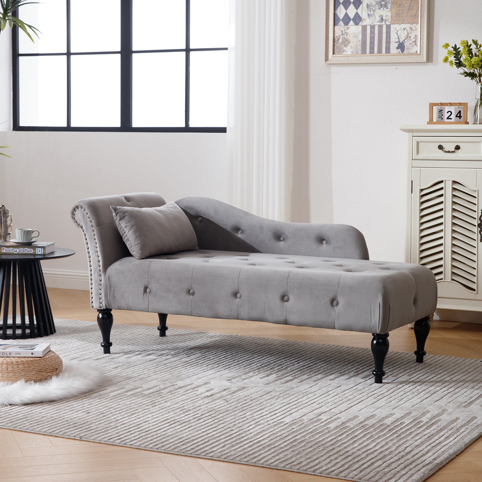 DecoraFlex Tufted Velvet Chaise Lounge Chair Indoor, Modern Upholstered Rolled Arm Lounge Chair Indoor with Nailhead Trim for Living Room Bedroom Office