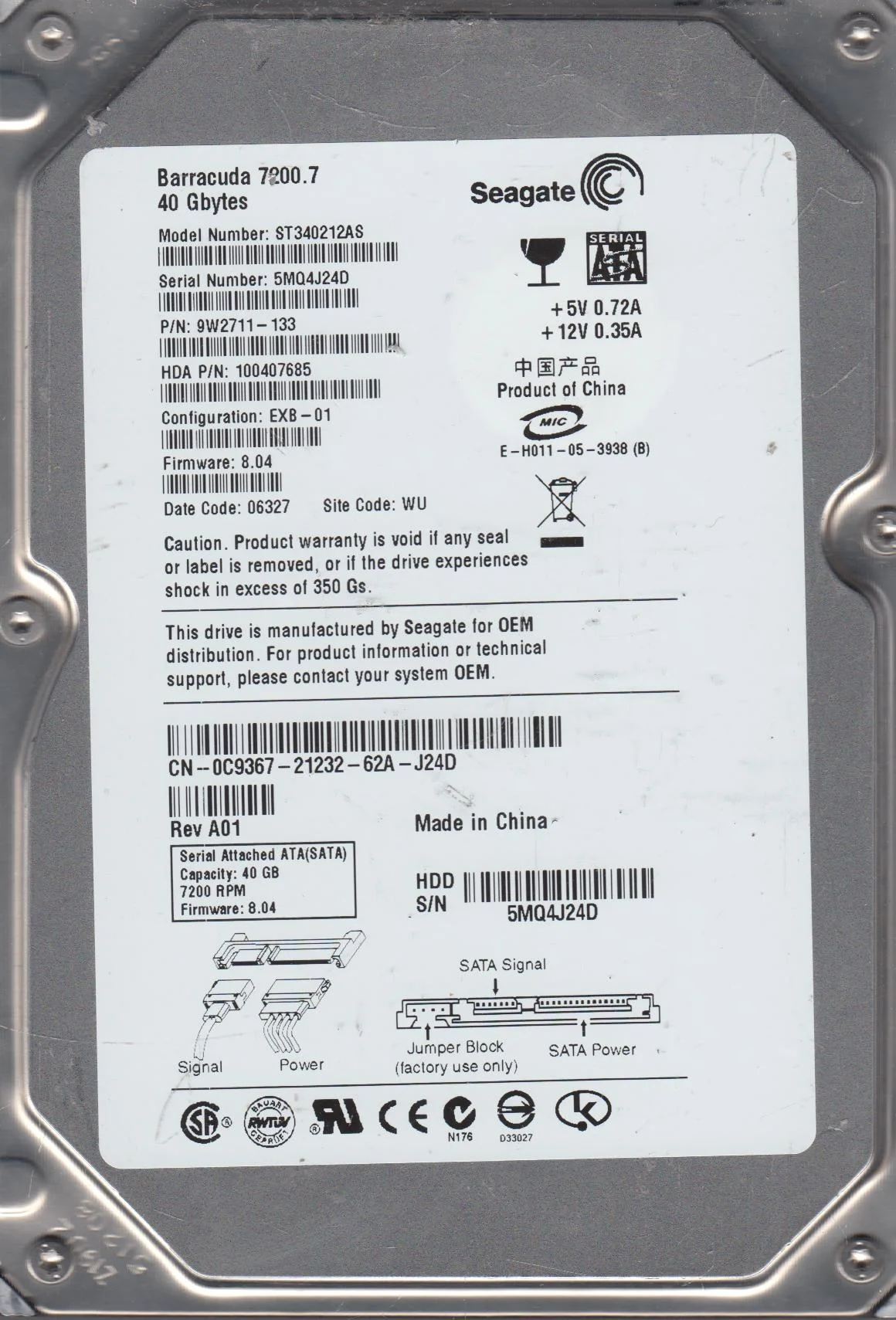 ST340212AS, 5MQ, WU, PN 9W2711-133, FW 8.04, Seagate 40GB SATA 3.5 Hard Drive