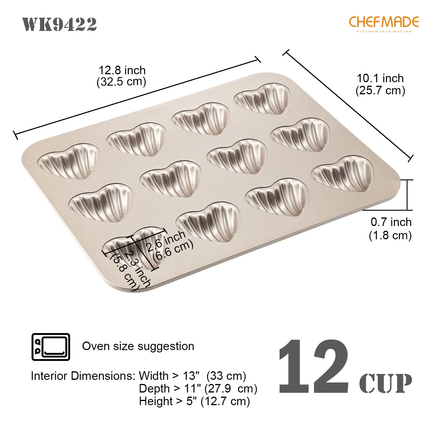 CHEFMADE Madeleine Mold Cake Pan, 12-Cavity Non-Stick Heart-shaped Shello Madeline Bakeware for Oven Baking (Champagne Gold)