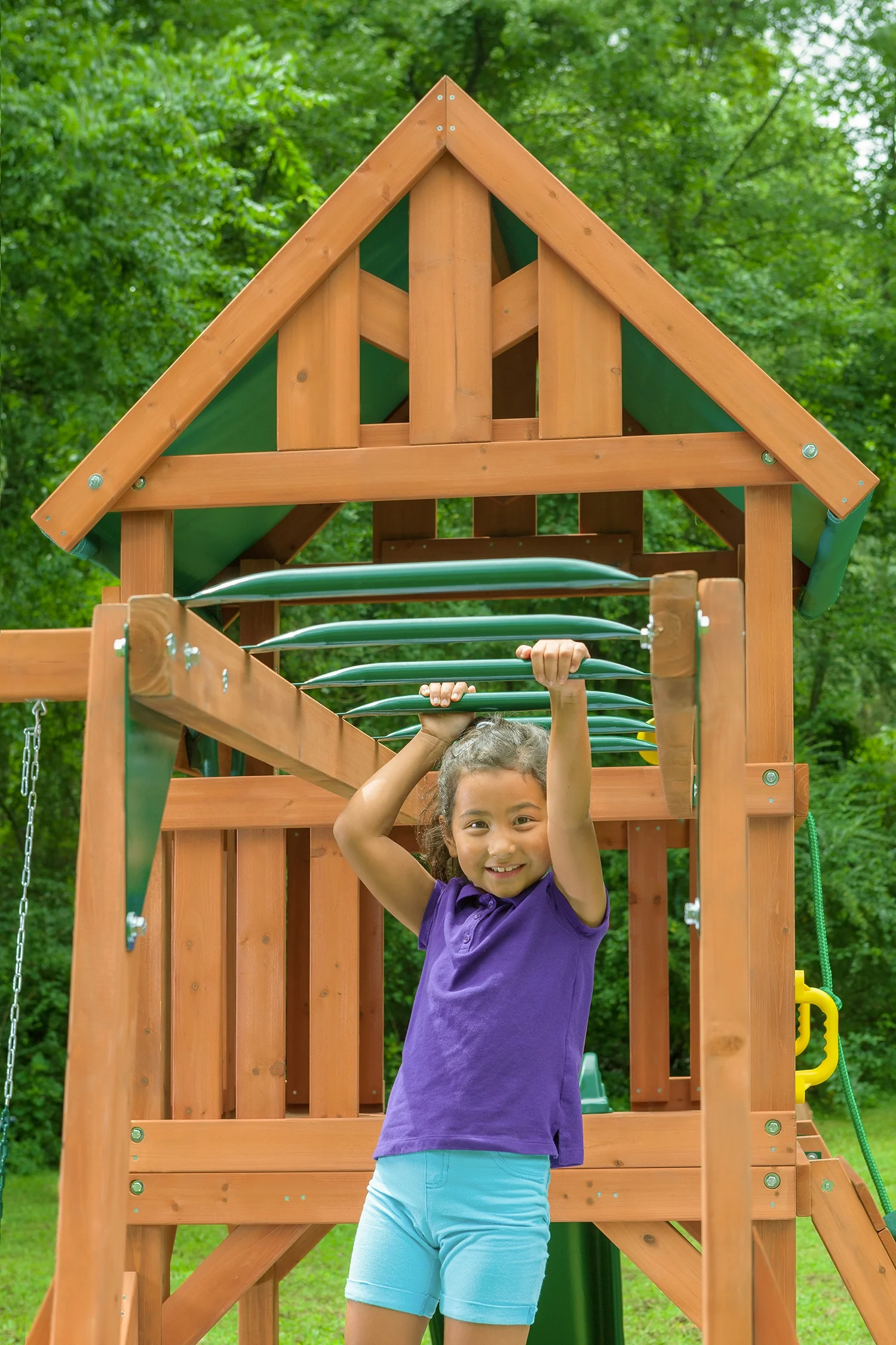 Creative Cedar Designs Mountain View Wooden Swing Sets with Tarp Roof with Multicolor Accessories & Green Slide