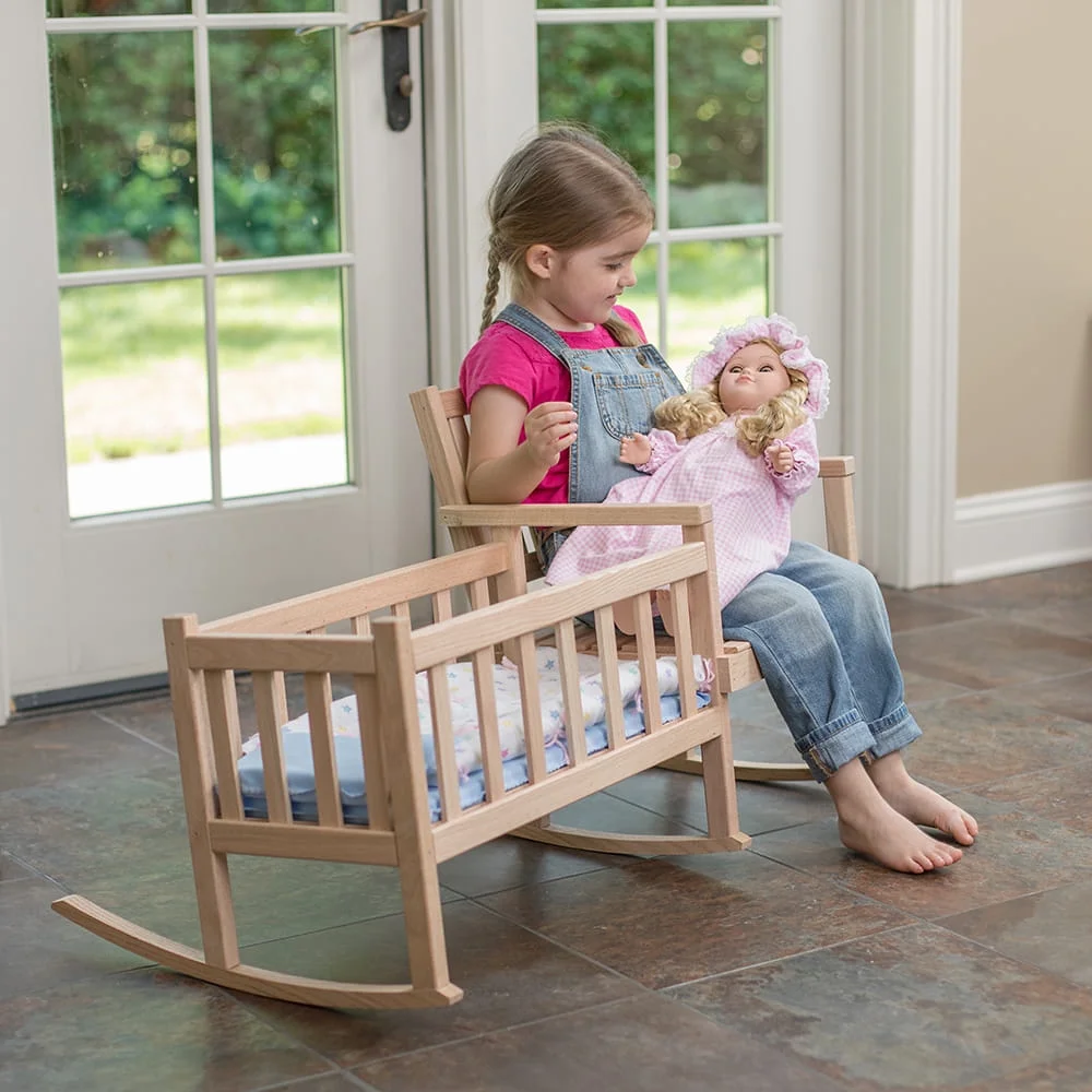 Eli & Mattie Wooden Rocker and Cradle - Amish Made Handcrafted for 18 inch Dolls, Smooth Unfinished Oak
