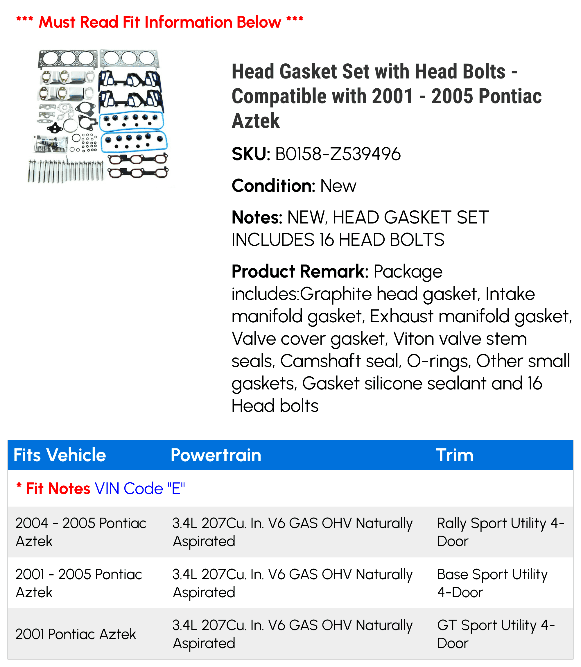 Head Gasket Set with Head Bolts - Compatible with 2001 - 2005 Pontiac Aztek 2002 2003 2004