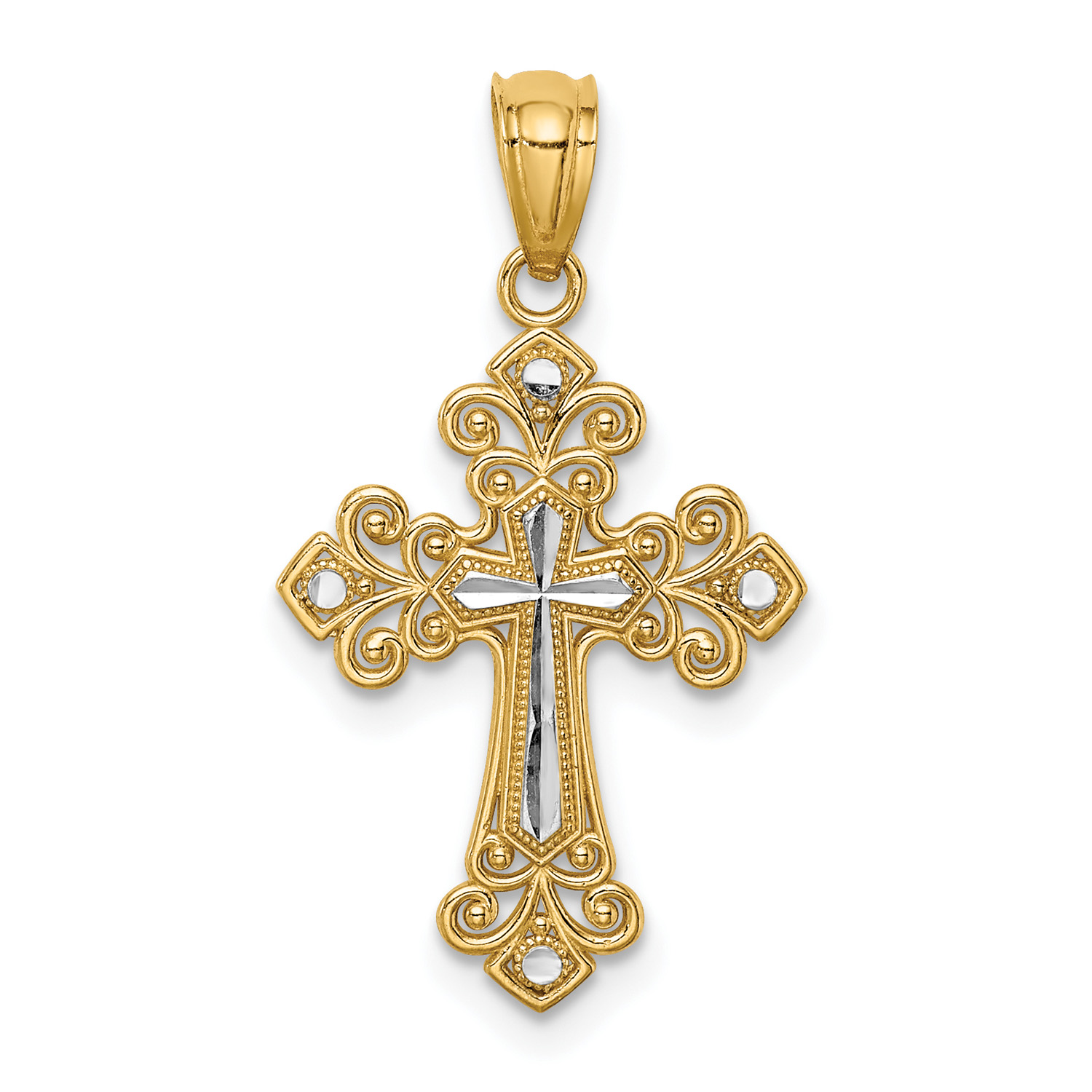 14K Two-Tone Gold Rhodium Plated Diamond Cut Cross Pendant With 14K Yellow Gold Light Weight Rope Chain 20