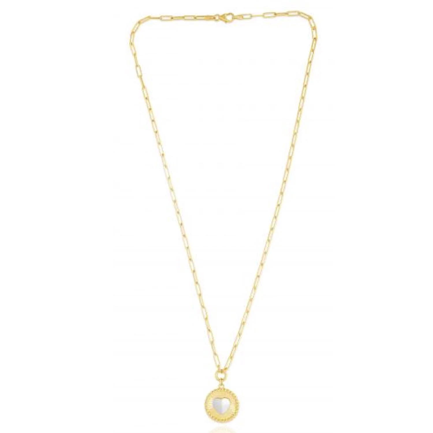 14K Gold Two-Tone Yellow White Round Heart Medallion Paperclip Necklace 18