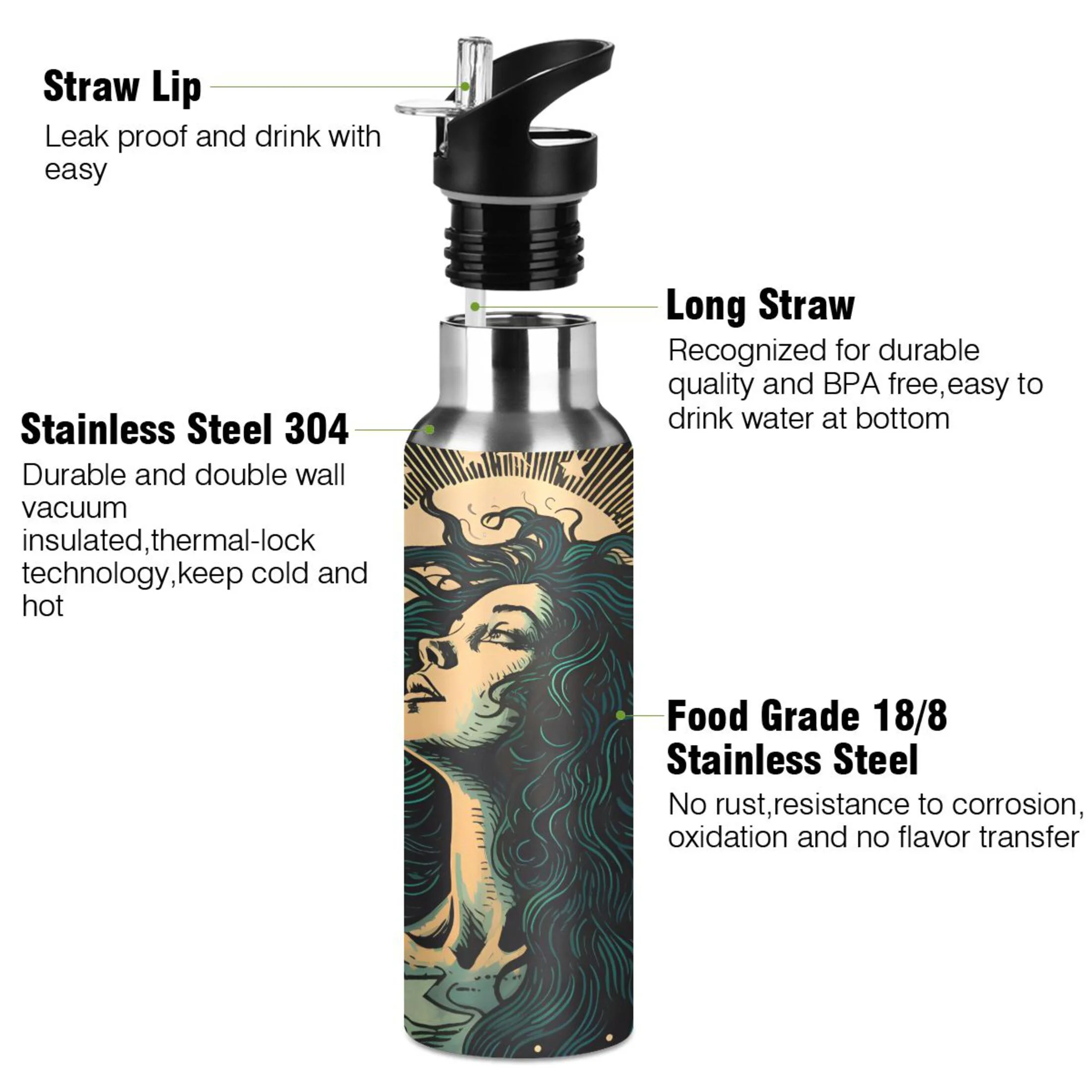 Water Bottle with Straw Lid Leak Women Bohomia Stainless Steel Insulated Thermos Vacuum Flask for Cold Hot Drinking for Sports Camping Gym Yoga