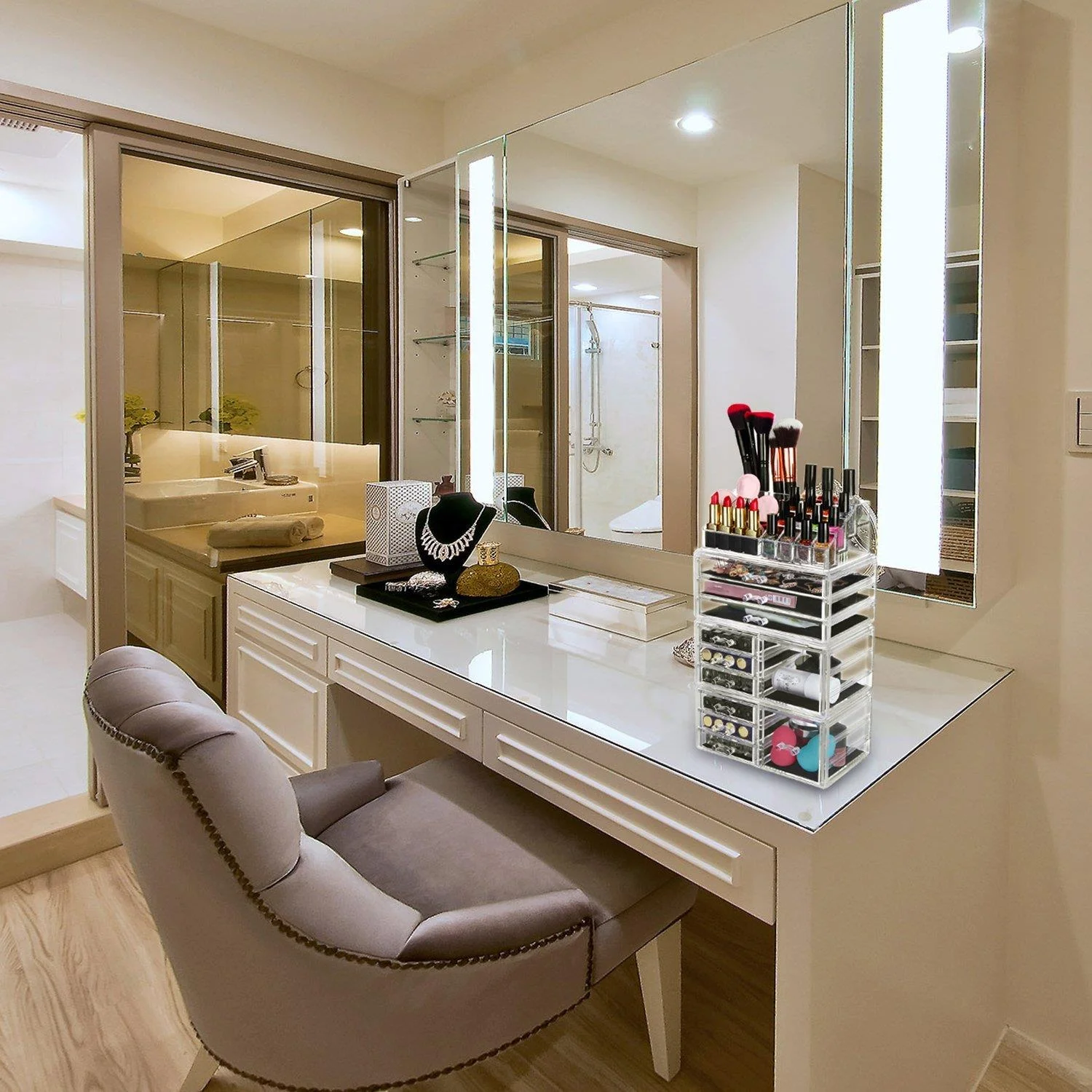 Winado 4PCS Makeup Organizer Cosmetic Storage Rack Jewelry Display Box with Drawers,Transparent