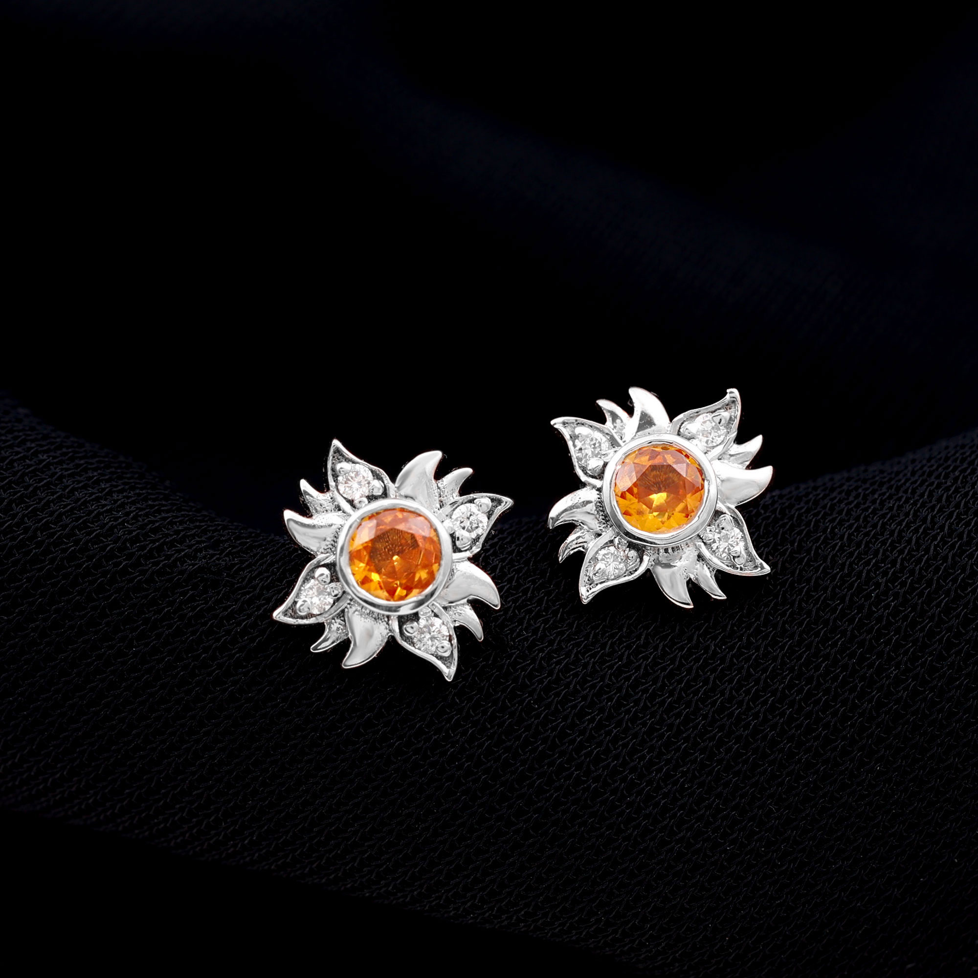 Orange Sapphire Stud Earrings with Diamond, Sunburst Earrings For Women, 18K White Gold