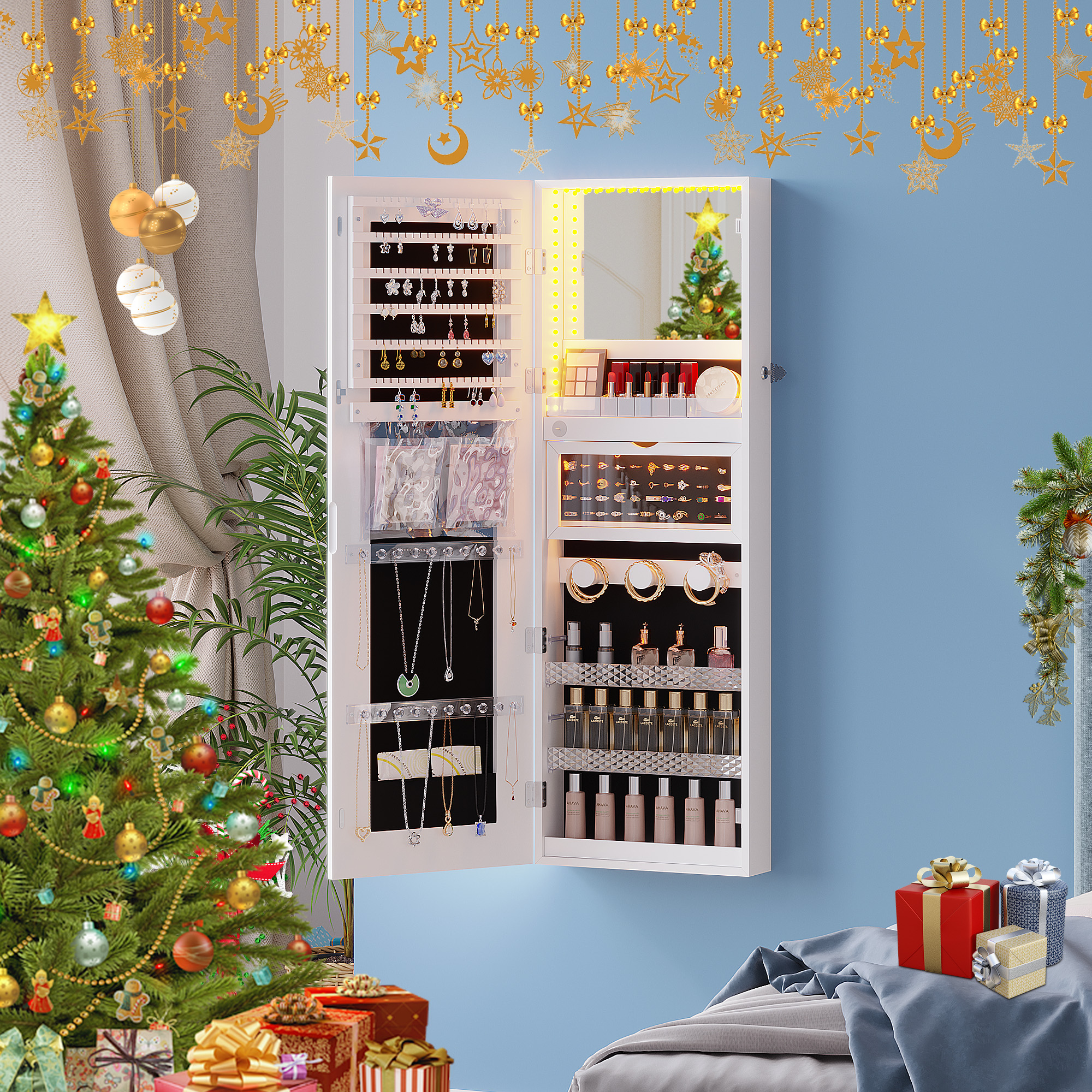 HNEBC Jewelry Cabinet with Mirror, Full Length Mirror with Storage, Wall Door Mount Jewelry Armoire with 3 Color Lights, LED Jewelry Organizer Box has Mirror Touch Lights ,White