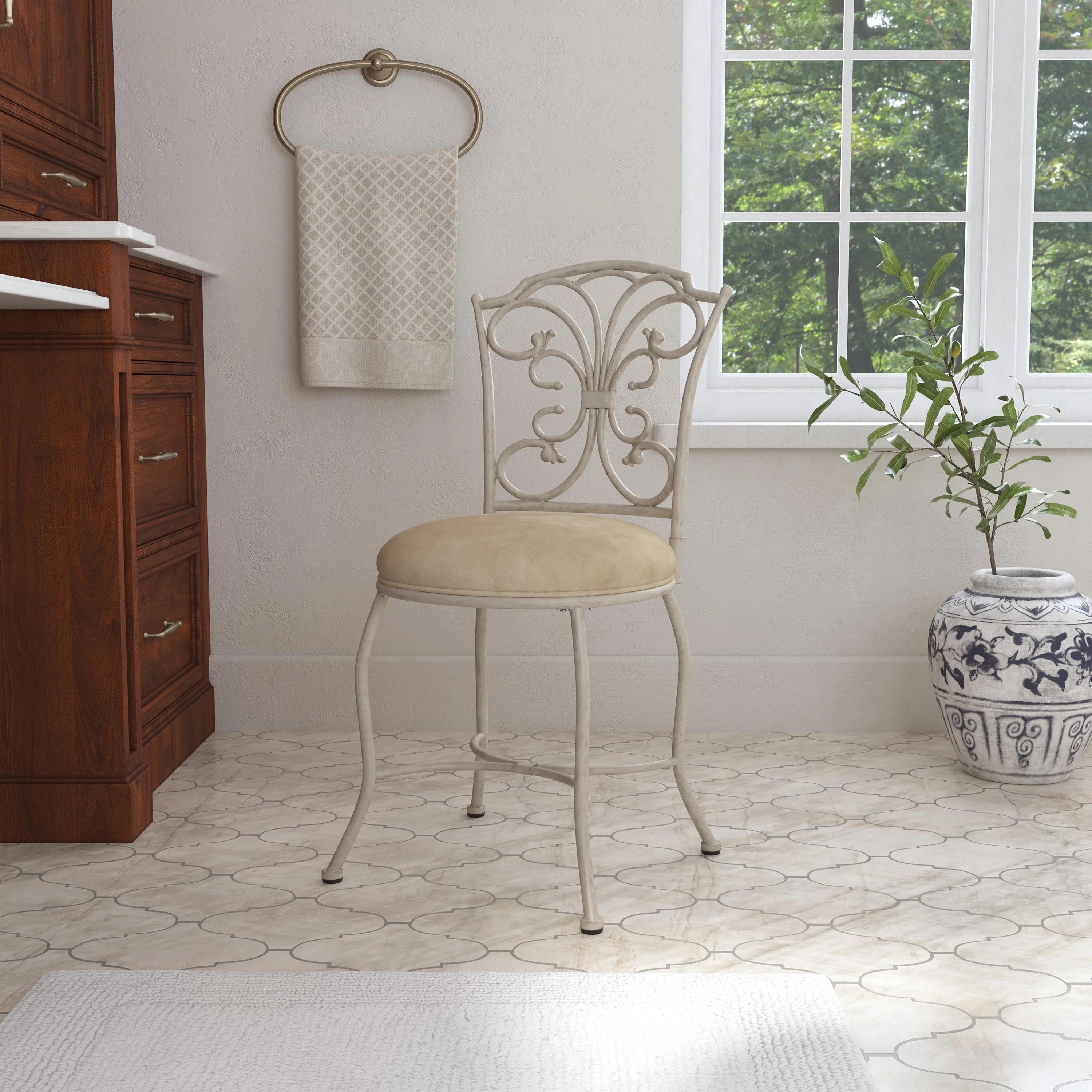 Hillsdale  Furniture Sparta Metal Vanity Stool - 32.5H x 16W x 18.5D; Seat Height: 19H Black Gold & Beige 32.5H x 16W x 18.5D; Seat Height: 19H