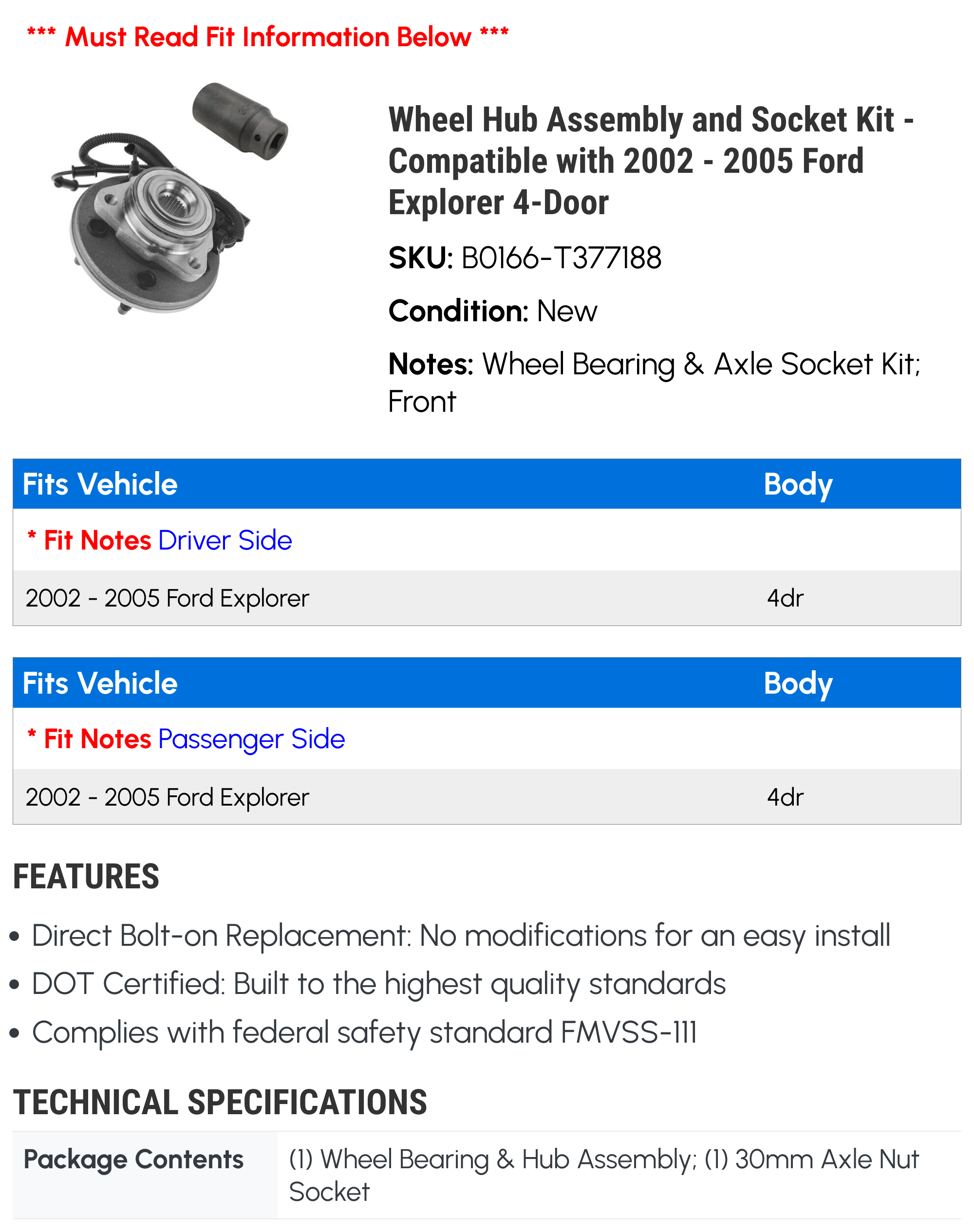 Wheel Hub Assembly and Socket Kit - Compatible with 2002 - 2005 Ford Explorer 4-Door 2003 2004