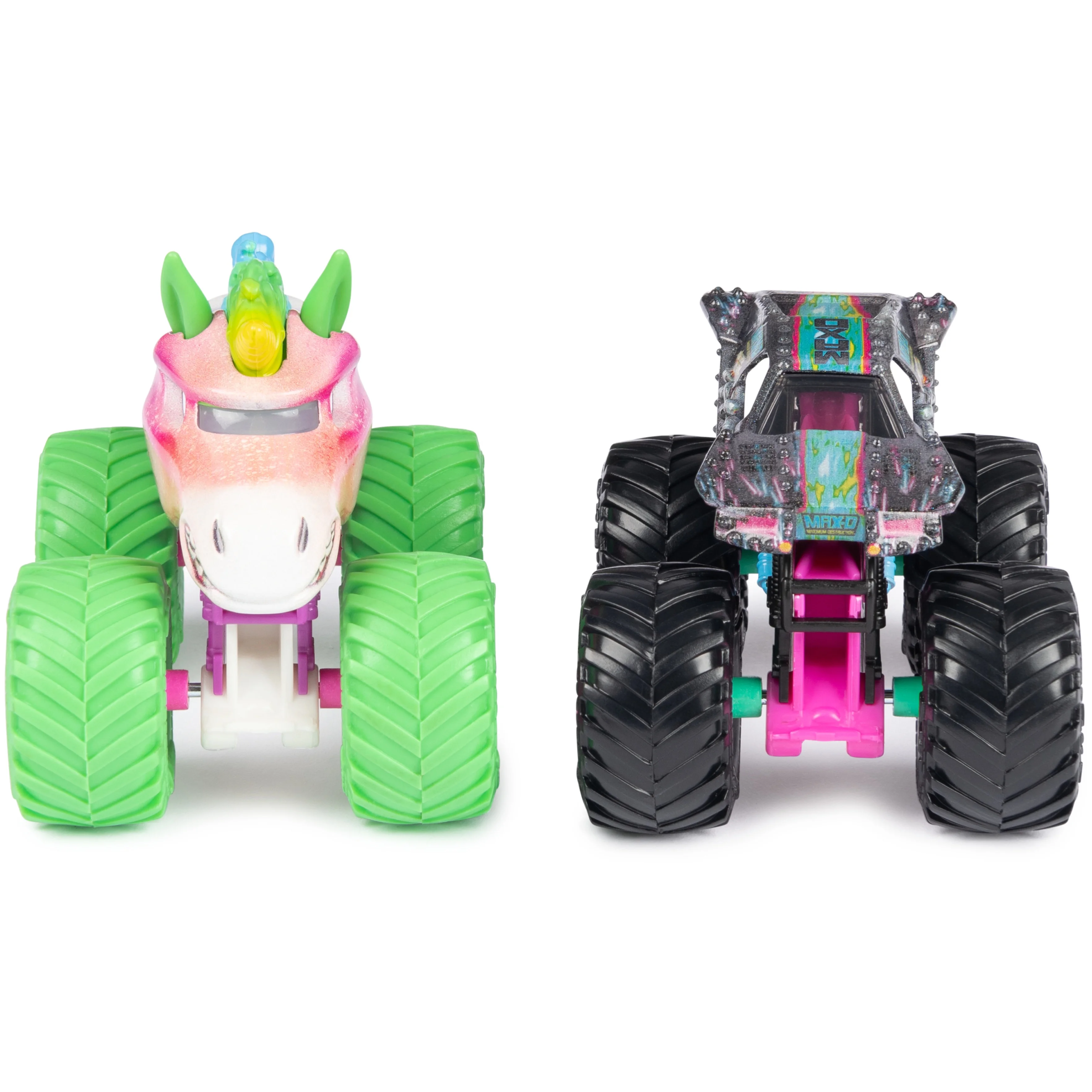 Monster Jam, 2-Pack Neon 1:64 Nitro Monster Trucks, Sparkle Smash Vs. Max-D