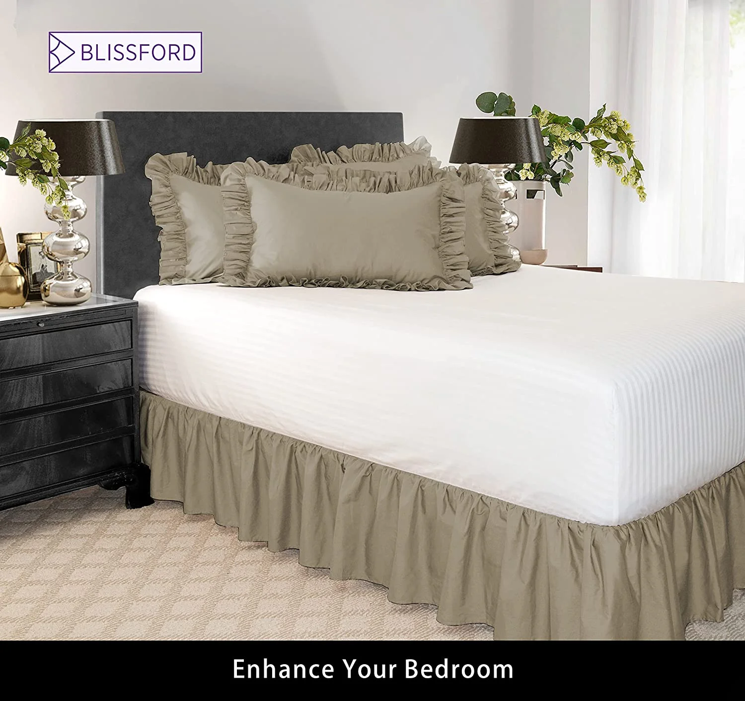 Ruffled Bed Skirt (Twin, Stone) 18 inch Drop Dust Ruffle with Platform, Poly/Cotton Fabric, Available in All Bed Sizes and 14 Colors - Blissford