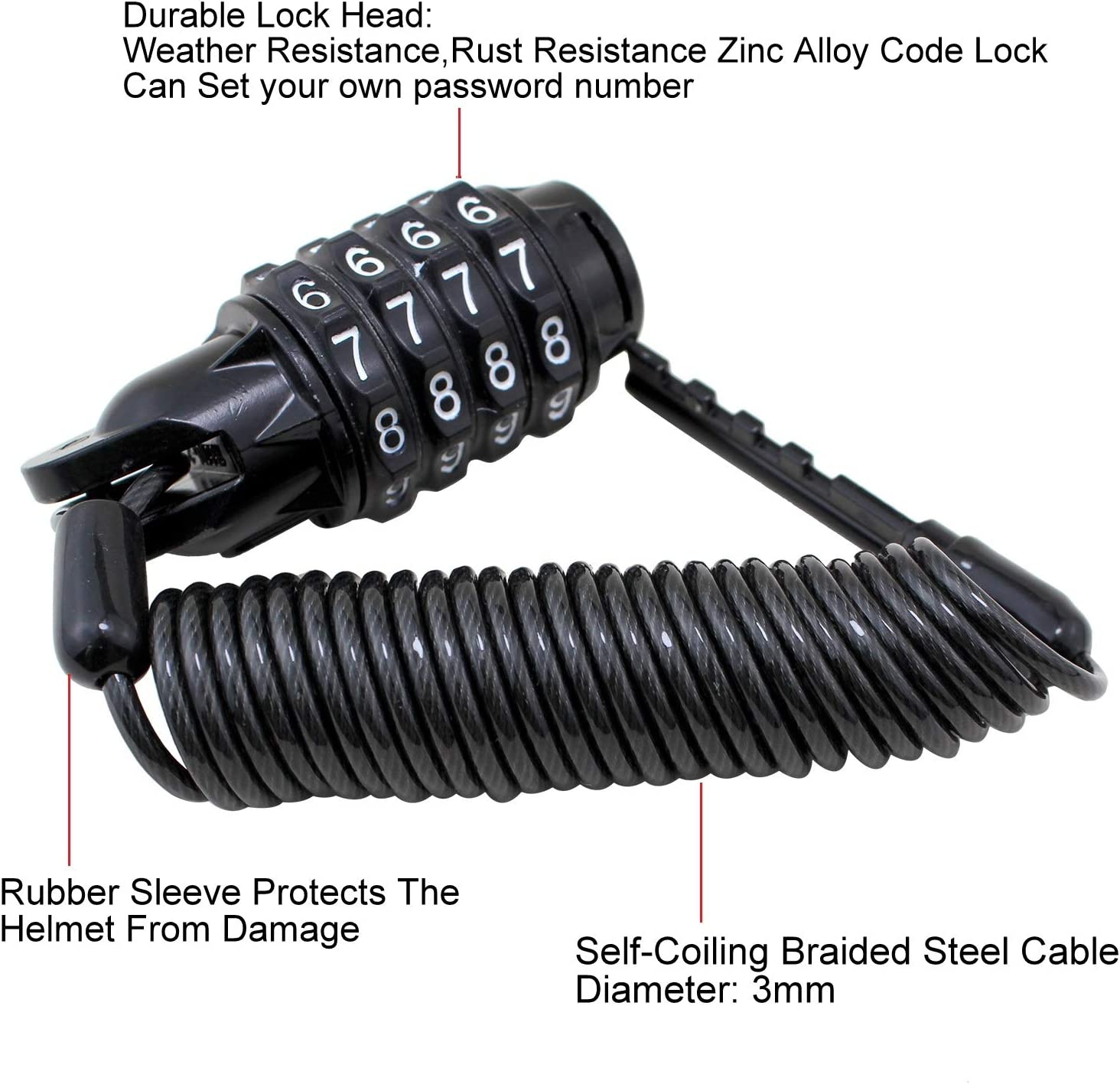 Tengfeng Helmet Lock Cable Resettable Mini Combination Cable Lock Bike Motorcycle Saddle Lock Wire 6 Feet Portable Anti-Theft Duable Cycling Spring Travel Luggage Locks 3mm