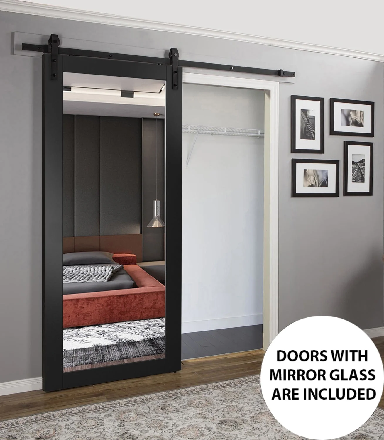 Sturdy Barn Door 32 x 84 inches | Lucia 1299 Matte Black with Mirror | 6.6FT Rail Hangers Heavy Hardware Set | Solid Panel Interior Doors