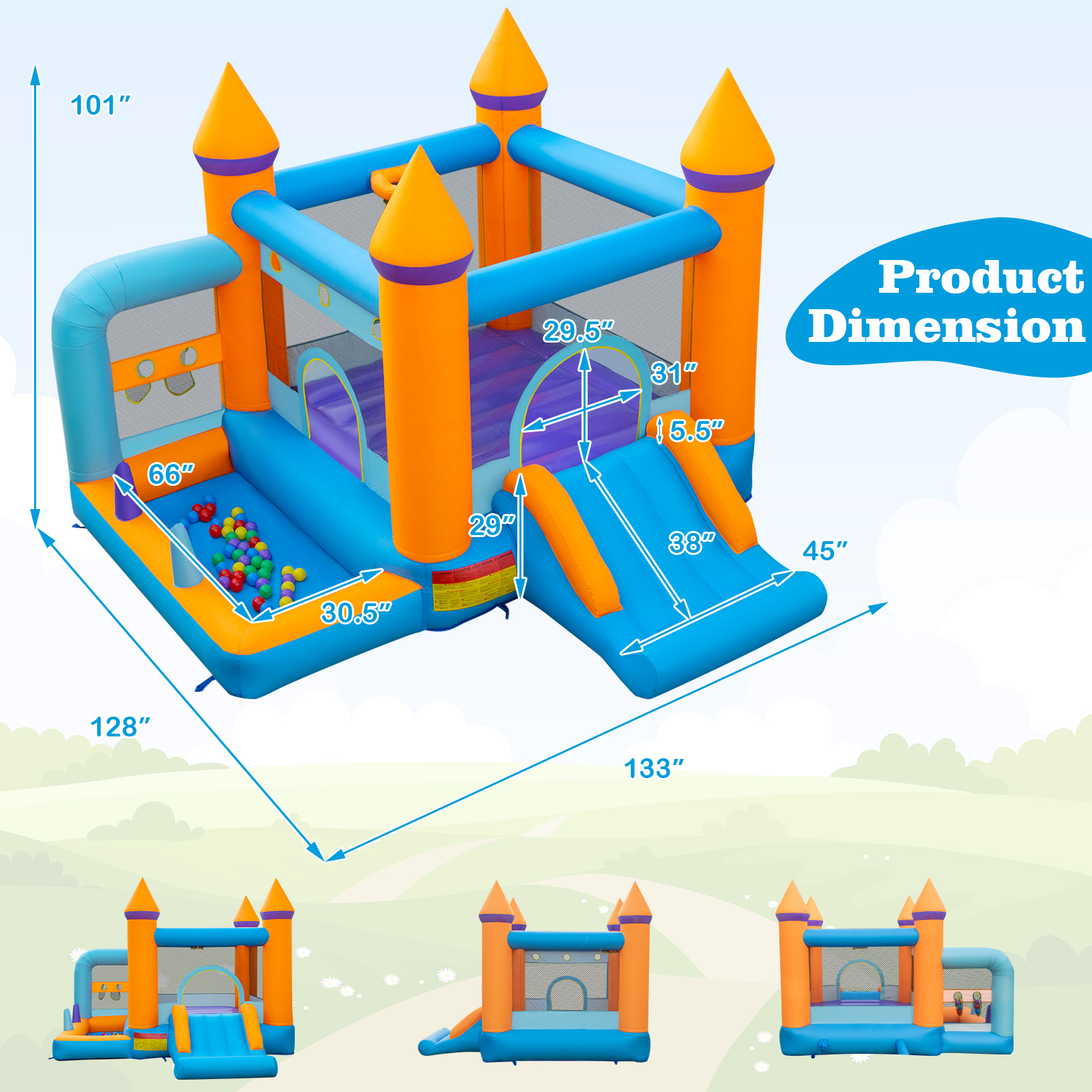 Infans 5-in-1 Inflatable Bounce Castle Kids Jumping Bouncer w/Ocean Balls & 735W Blower