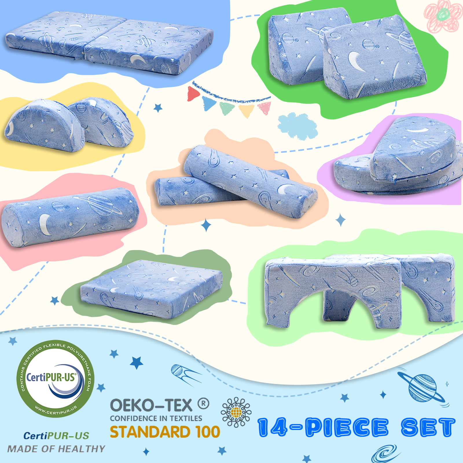 11pcs Modular Kids Play Couch,Kids Couch Building Fort, Kids Couch for Playroom and Bedroom,Toddler Sofa,Kids Sofa Couch,Kids Fold Out Couch,Blue
