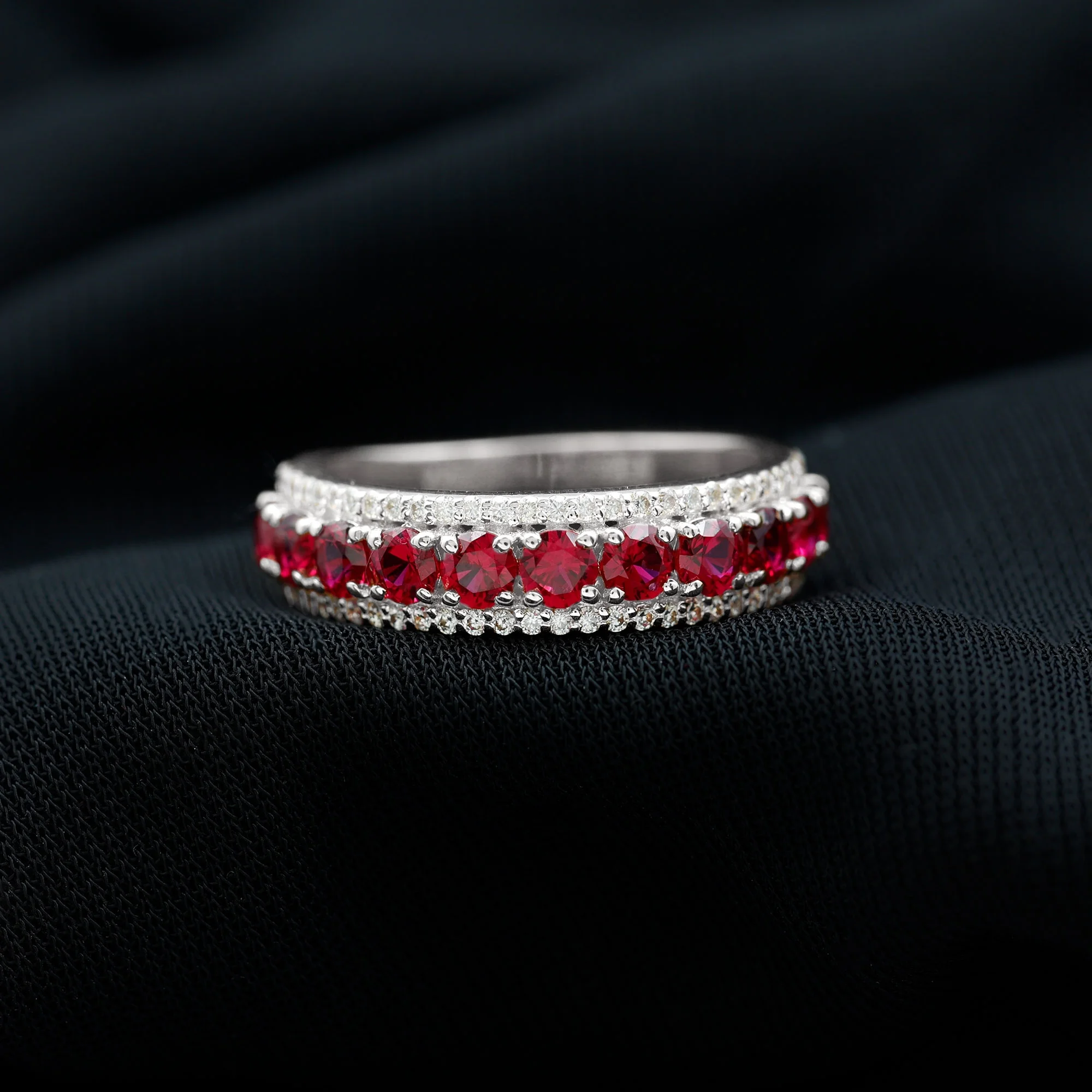 2 CT Lab Created Ruby Anniversary Ring with Diamond Accent, 14K White Gold, US 12.00