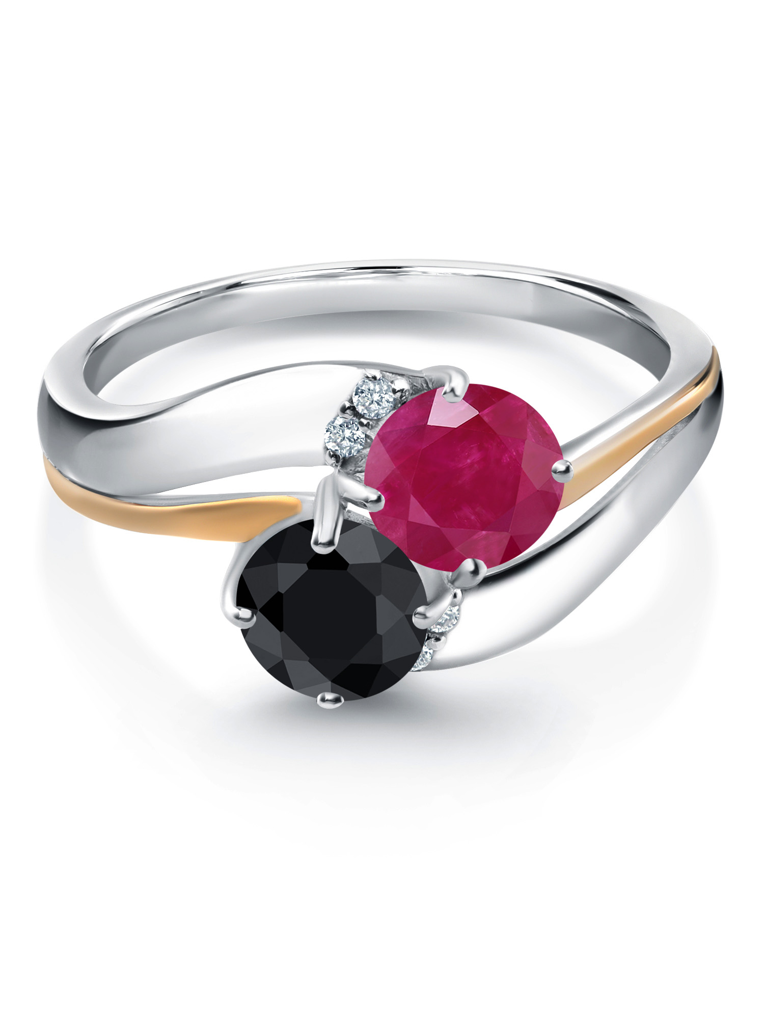 925 Sterling Silver and 10K Yellow Gold Black Sapphire Red Ruby 5MM Round 2 Stone and Lab Grown Diamond Accent Ring For Women (1.27 Cttw, Gemstone September Birthstone, Available In Size 5,6,7,8,9)