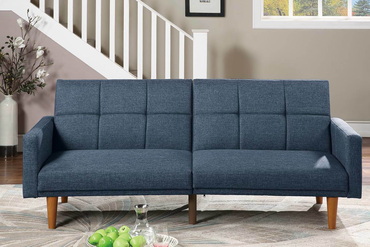 LANTRO JS Transitional Look Living Room Sofa Couch Convertible Bed Navy Polyfiber 1pc Tufted Sofa Cushion Wooden Legs