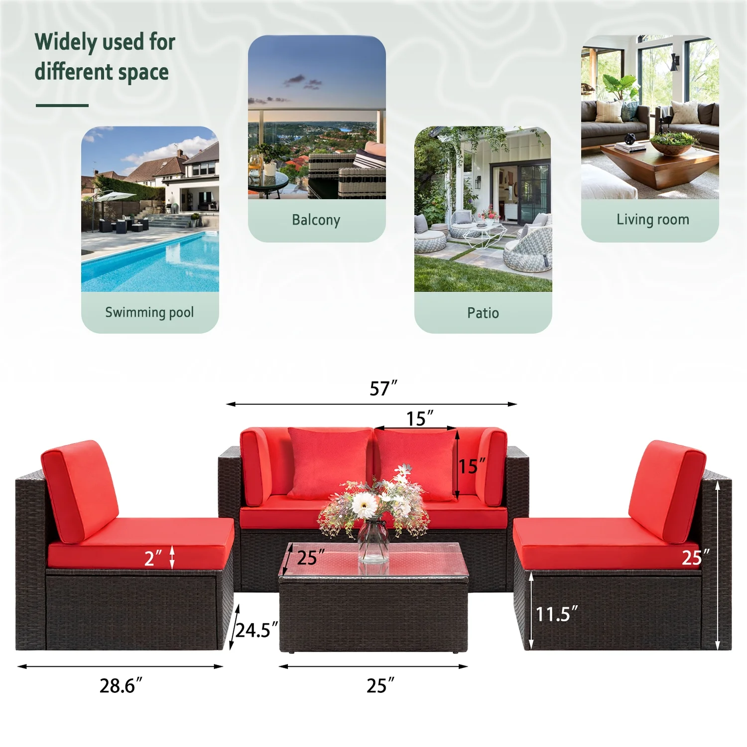 Devoko 5 Pieces Sectional Set Outdoor Wicker Rattan Conversation Sets, Glass Table, Red