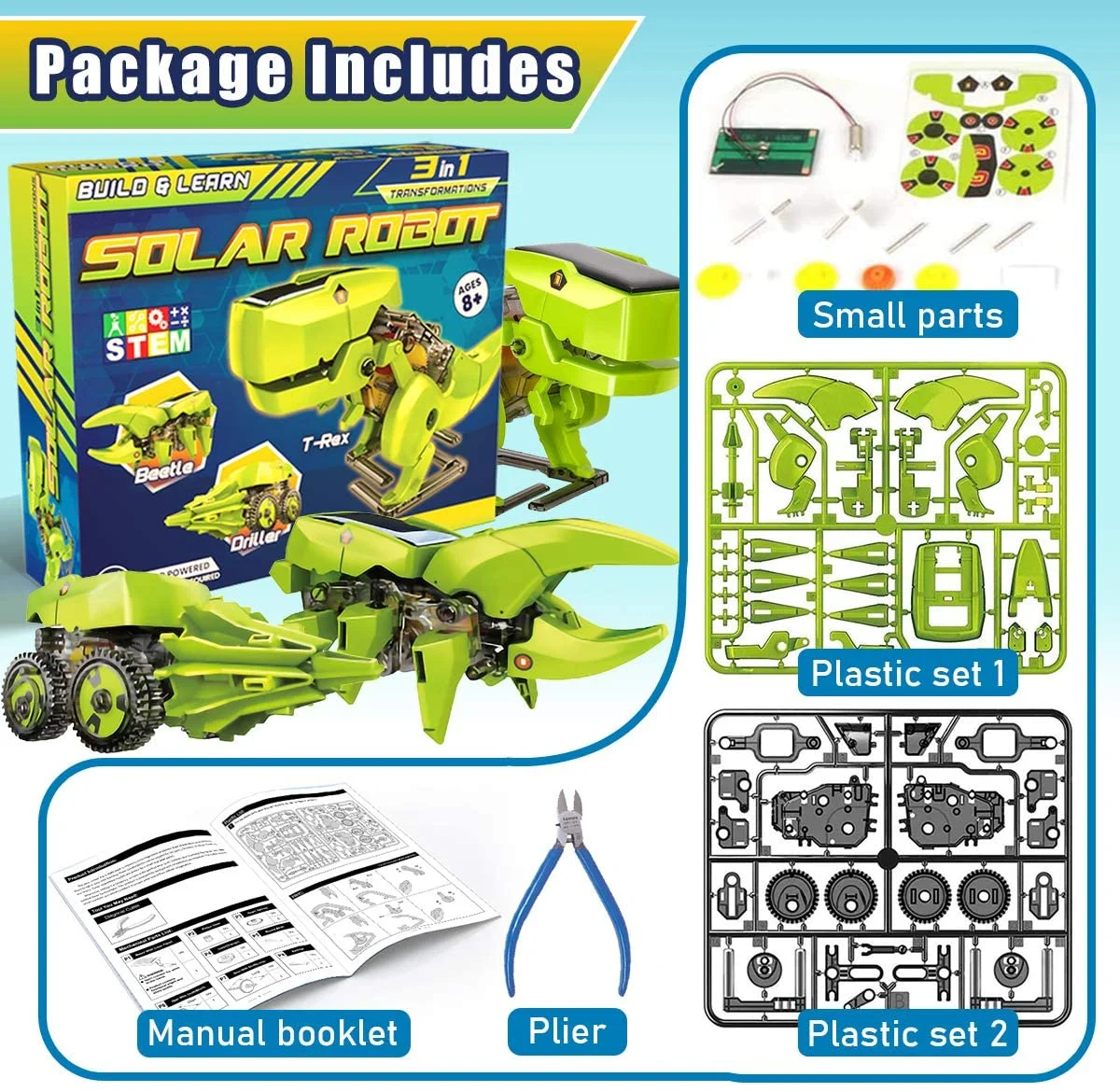 PENGXIANG STEM Robots For Kids - Boys Girls Building Educational Toys Science Kit 3 in 1 Solar Dinosaur Desk Robot with Manual Instructions and Piler STEM Projects for Kids Ages 8 9 10 11 12
