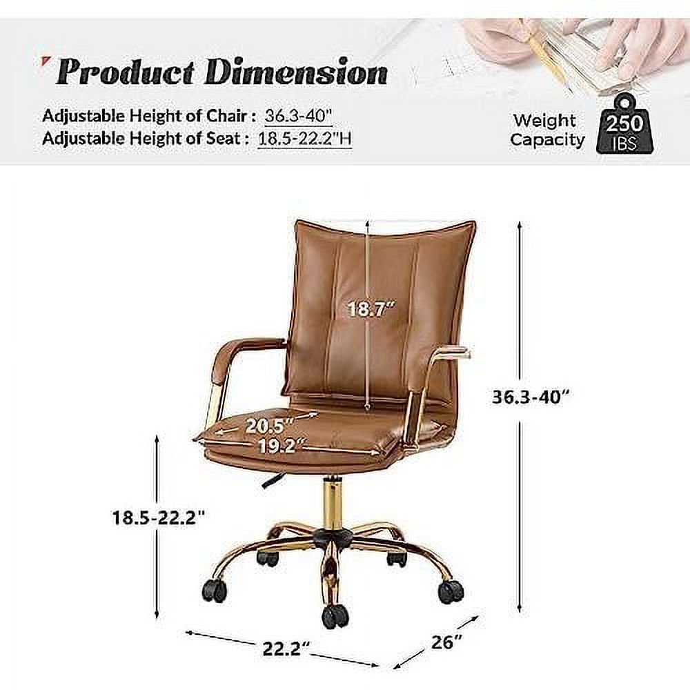 Faux Leather  Office Desk Chair, Adjustable Swivel Computer Chair With Golden Legs  Arms, Comfy Upholstered Task Chair,Camel