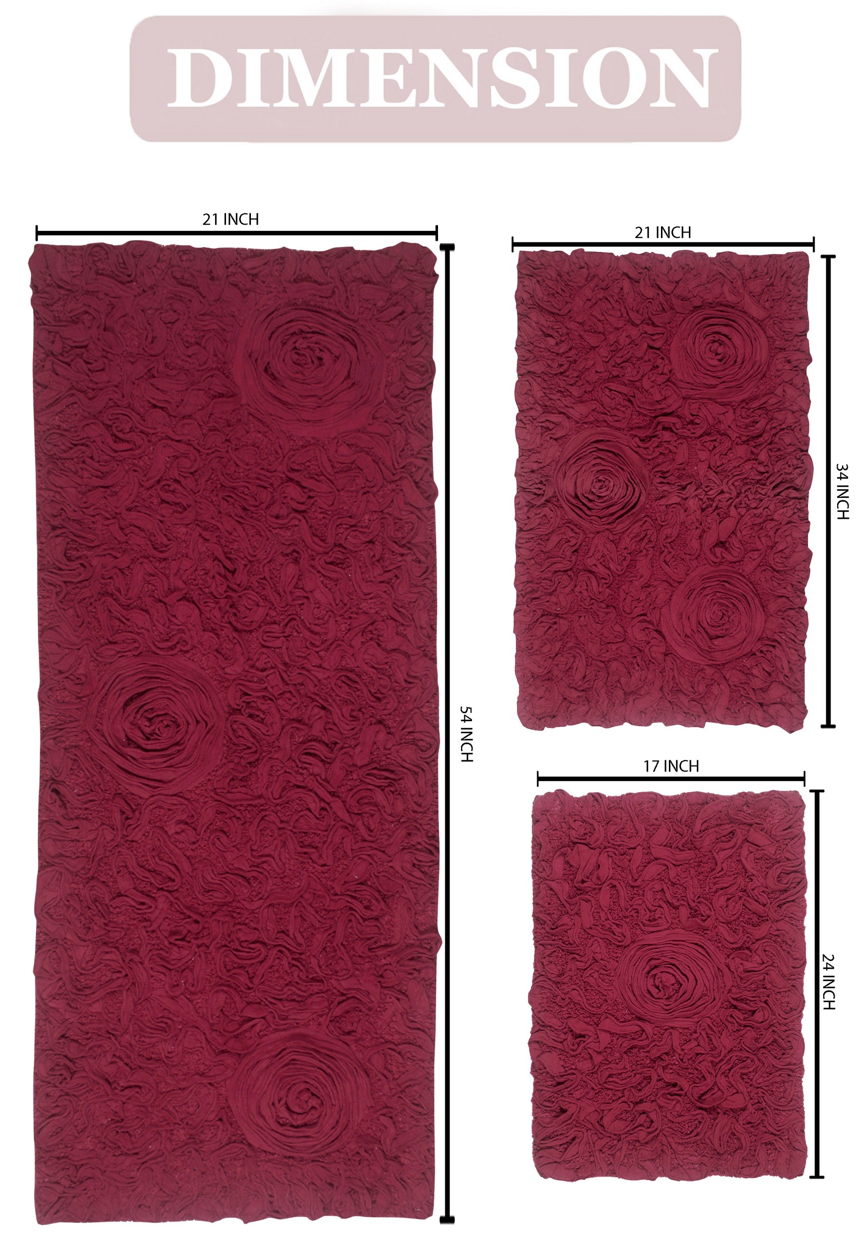 Home Weavers Inc Bell Flower Collection 100% Cotton Non-Slip Bathroom Rug Set, Machine Washable Bath Rug, 3 Piece Set with Runner Rug Red
