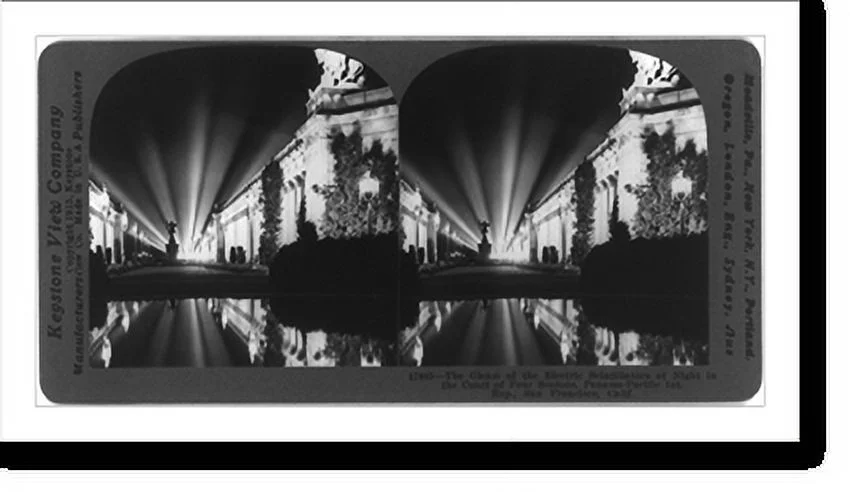 Historic Framed Print, The gleam of the electric scintillators at night in the Court of Four Seasons, Panama-Pacivic Int. Exp., San Francisco, Calif., 17-7/8