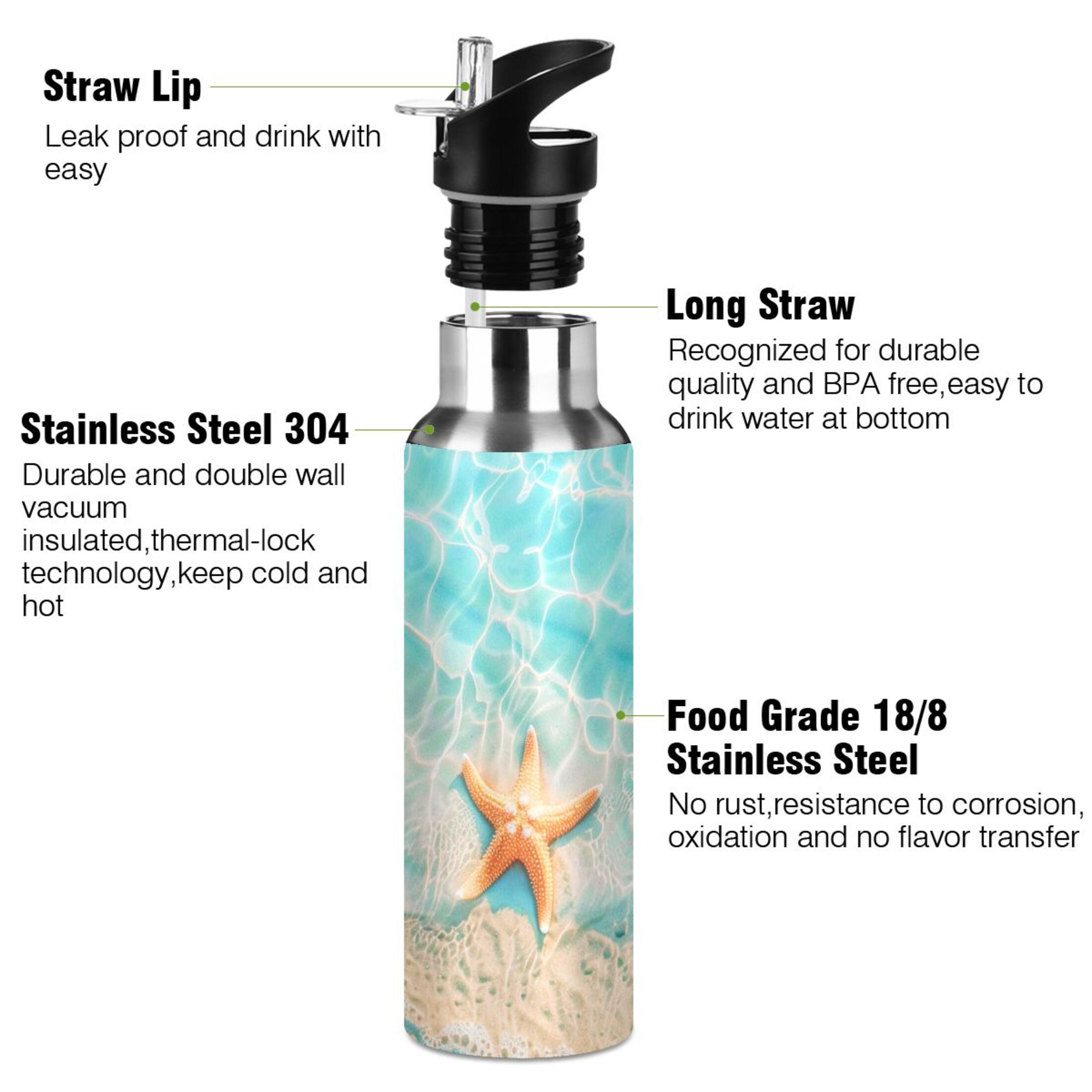 Sea Starfish on Beach Water Bottles Insulated Thermos Kids Stainless Steel Bottle with Straw Lid Flask Leakproof for Sports Gym 20 oz