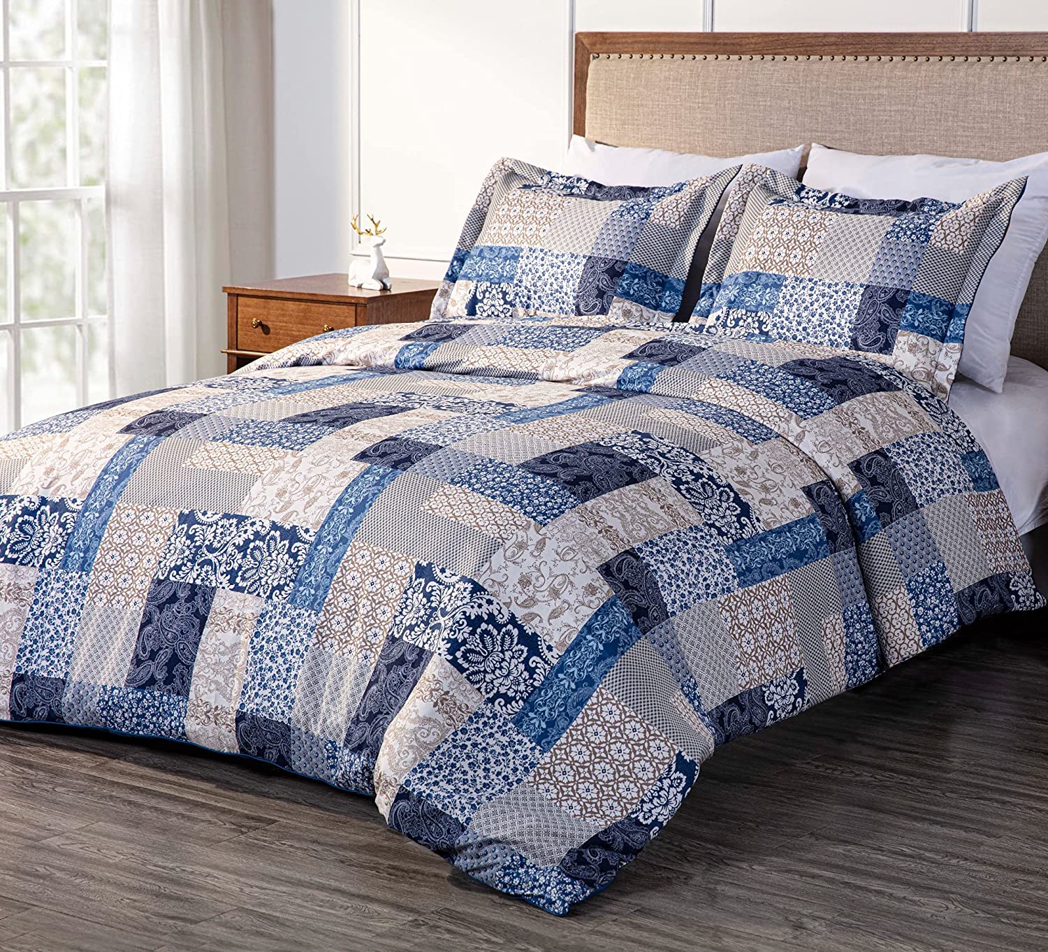 Chezmoi Collection Kai 3-Piece Floral Paisley Patchwork Printed Comforter Set, Navy Blue