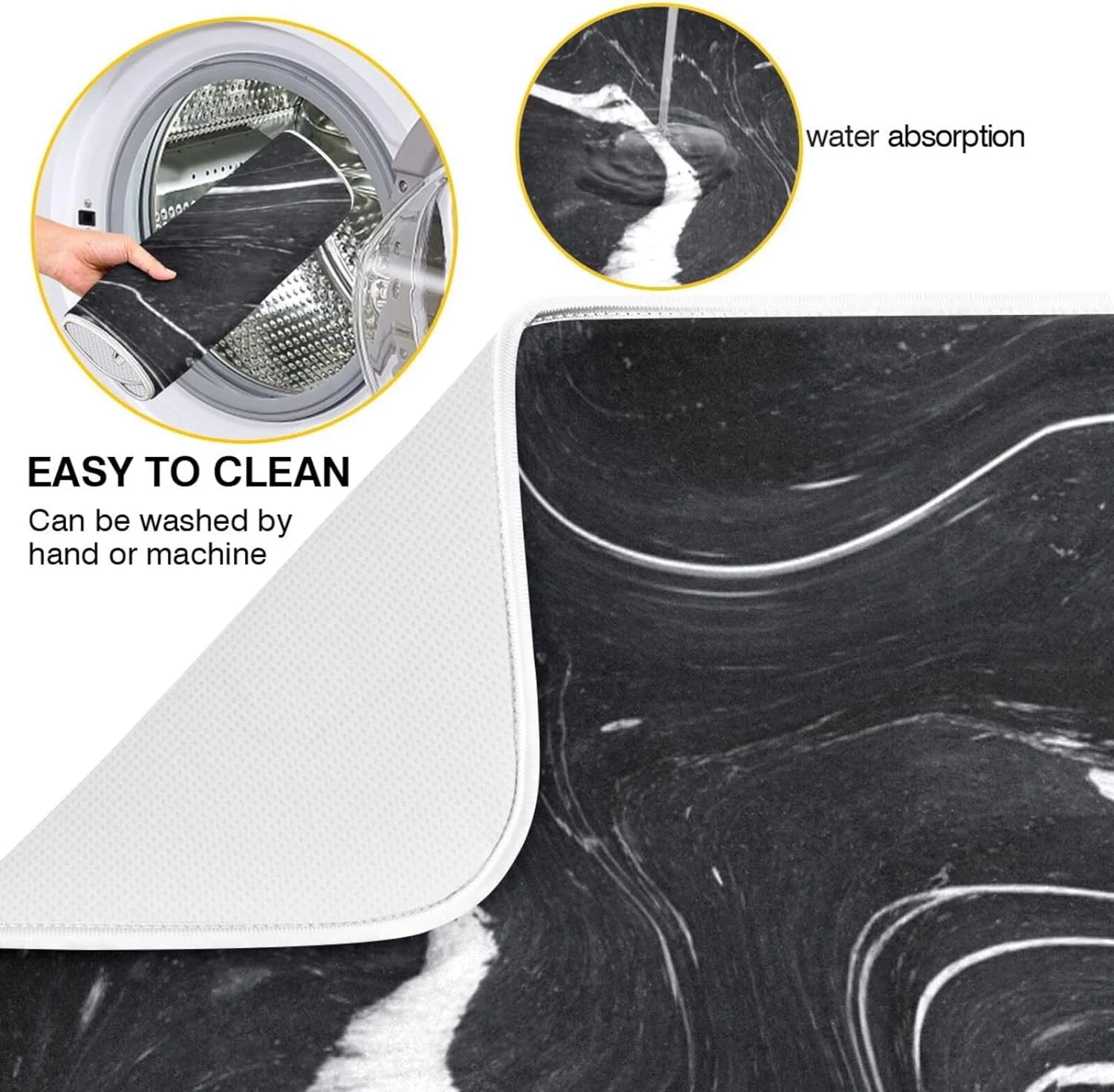 Wellsay Marble Black and White Dish Drying Mat for Kitchen Counter,Super Quick Absorbent Composite Sponge Dish Drying Pad,Heat Resistant Non-Slip Rack Tableware Mat (18x24Inch)