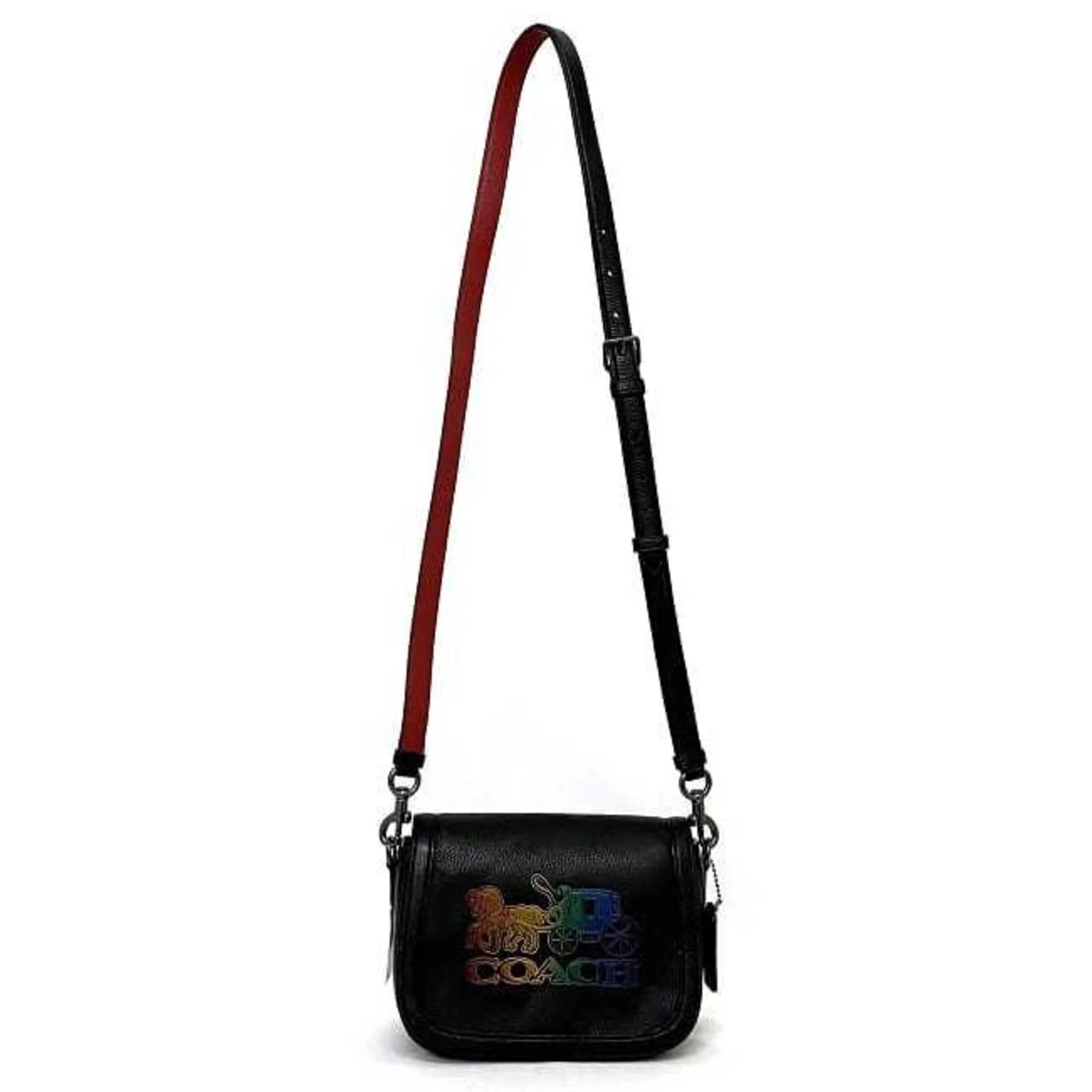 Pre-Owned Coach shoulder bag black rainbow horse and carriage C6804 leather COACH flap saddle (Like New)