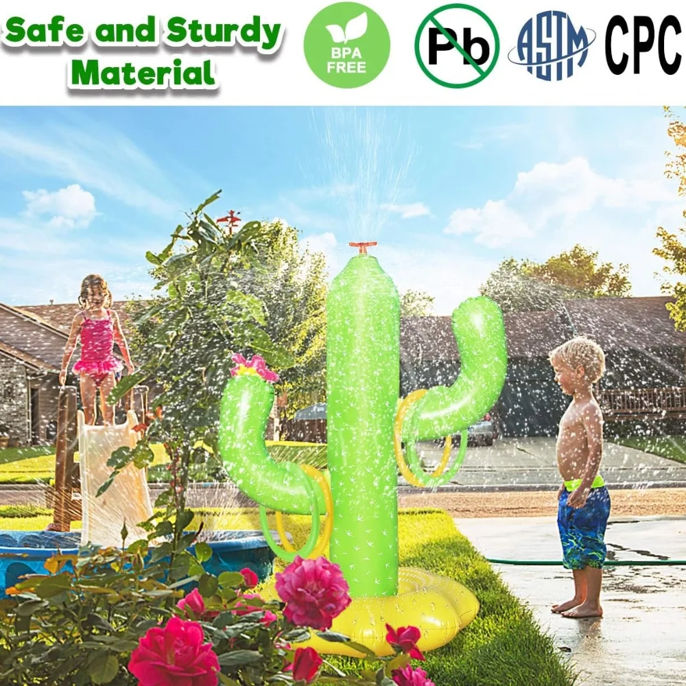PADuo Inflatable Cactus Sprinkler for Kids - Fun Summer Water Toy for Boys and Girls, Backyard Spray Game with 4 Rings